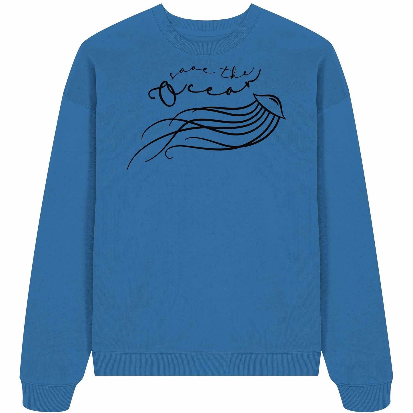 Vegan und Bio Oversized Sweatshirt: Jellyfish - Save the Ocean, blauer Pullover mit Quallen-Design und Save the Ocean-Aufruf, aus 100% Bio-Baumwolle, Oversized Fit.