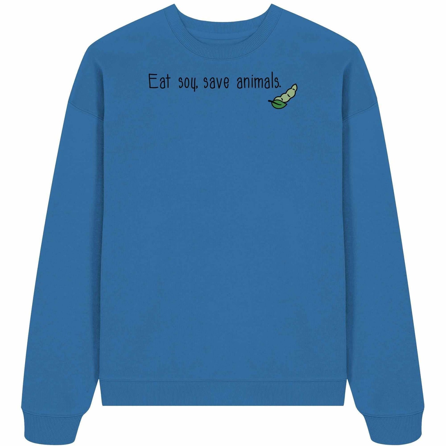 Vegan und Bio Oversized Sweatshirt mit grünem Blatt-Logo und Text Veganism - Eat soy, save animals. aus 100% Bio-Baumwolle, rebellisches Design von RUDE REBEL.