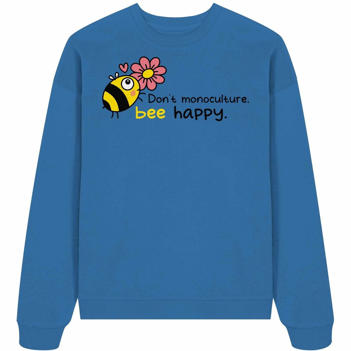 Vegan und Bio Oversized Sweatshirt mit Bienen- und Blumenmotiv, aus 100% Bio-Baumwolle, unterstützt Artenvielfalt und Naturschutz.