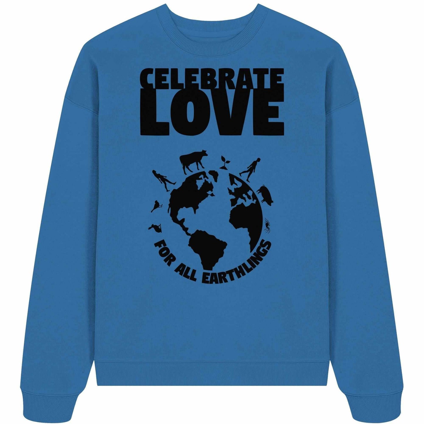 Vegan und Bio Oversized Sweatshirt mit grafischem Print, das Veganismus und Gleichberechtigung feiert. Enthält Silhouetten und Weltdesign, hergestellt aus 100% Bio-Baumwolle.