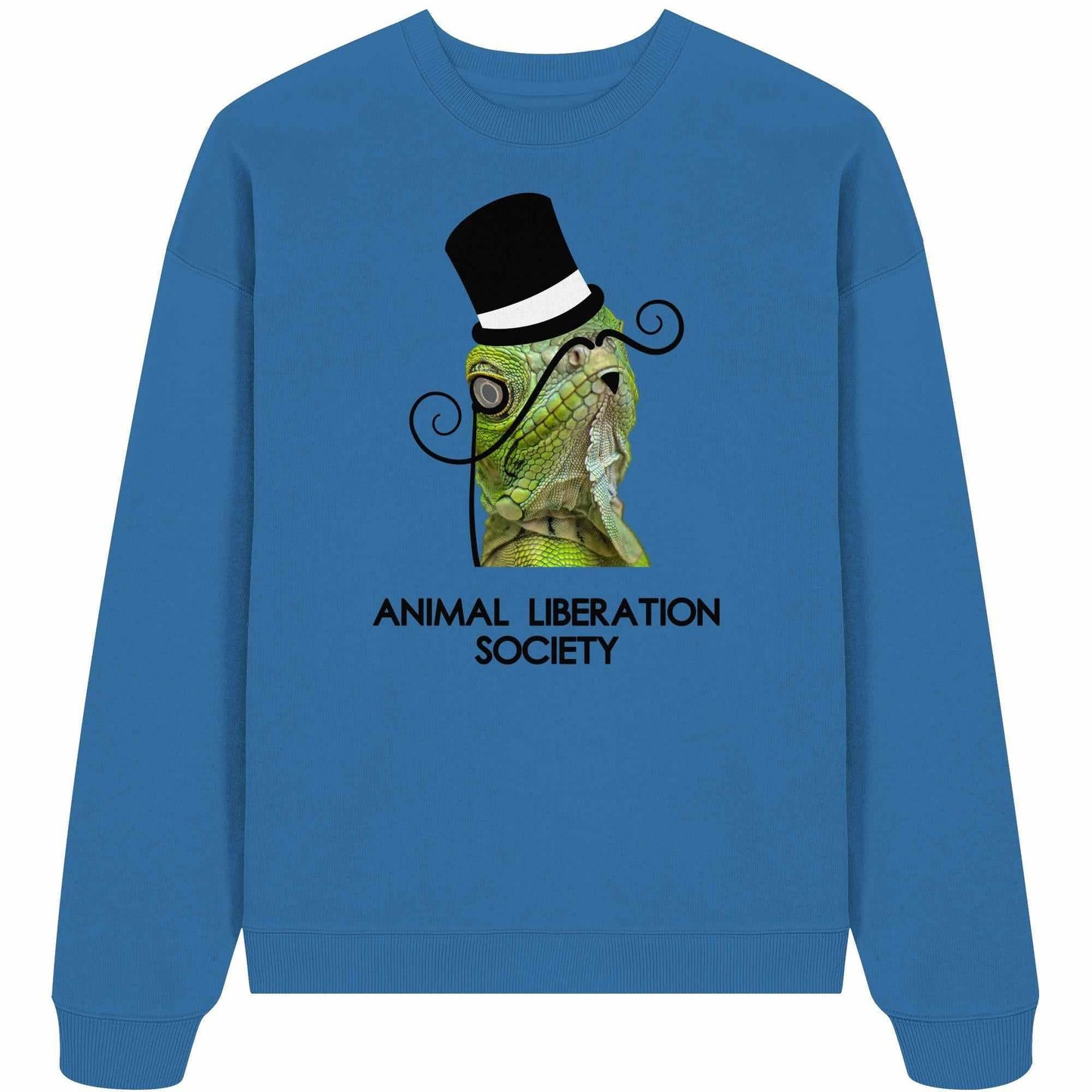 Vegan und Bio Oversized Sweatshirt: Sir Reptile - Animal Liberation Society, zeigt einen eleganten Lizard mit Zylinder und Schnurrbart, inspiriert von Tierrechten und Nachhaltigkeit.