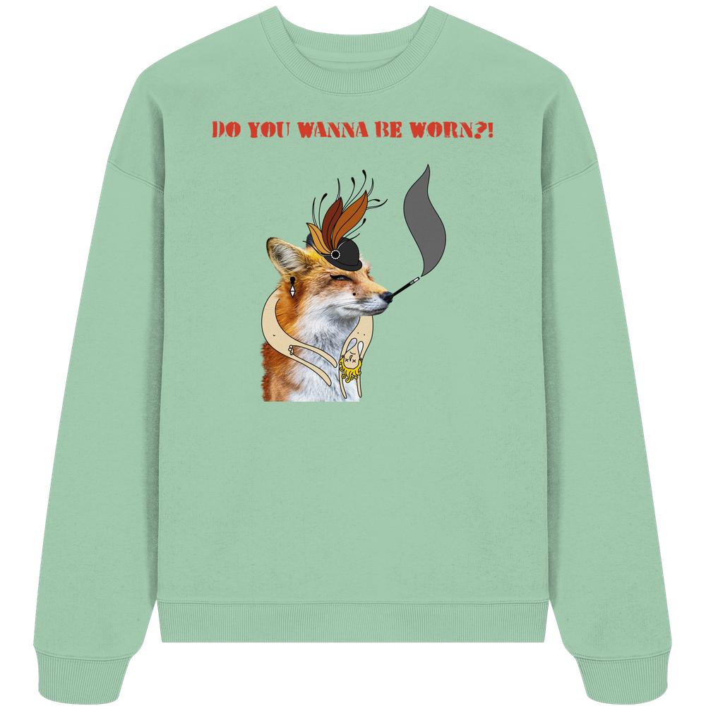 Vegan und Bio Oversized Sweatshirt: Mrs. Fox protestiert gegen Pelz, zeigt einen Fuchs mit Hut und Ohrringen. Bio-Baumwolle, oversized Schnitt, Teil der Animal Liberation Society Kollektion.