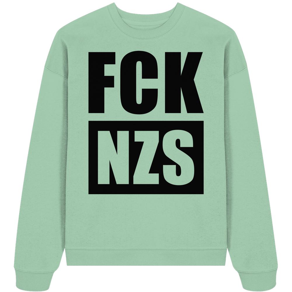 Vegan und Bio Oversized Sweatshirt: FCK NZS, mintgrün, mit schwarzem Schriftzug FCK über NZS, aus 100% Bio-Baumwolle, rebellisches Design gegen Rechts.