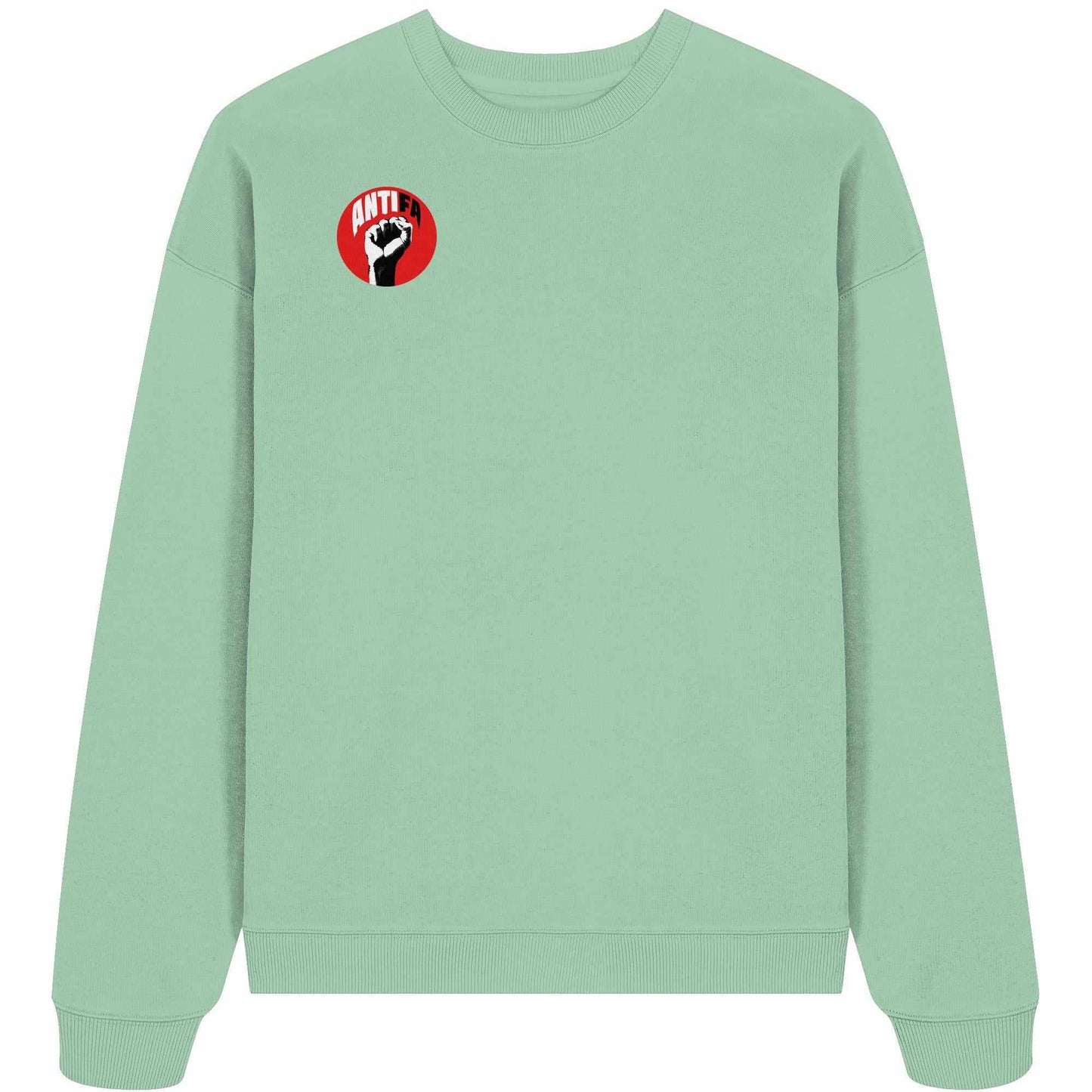 Vegan und Bio Oversized Sweatshirt: Antifa - Gemeinsam gegen Rechts, grüner Hoodie mit erhobener Faust als Symbol für Liebe und Freiheit, aus 100% Bio-Baumwolle.