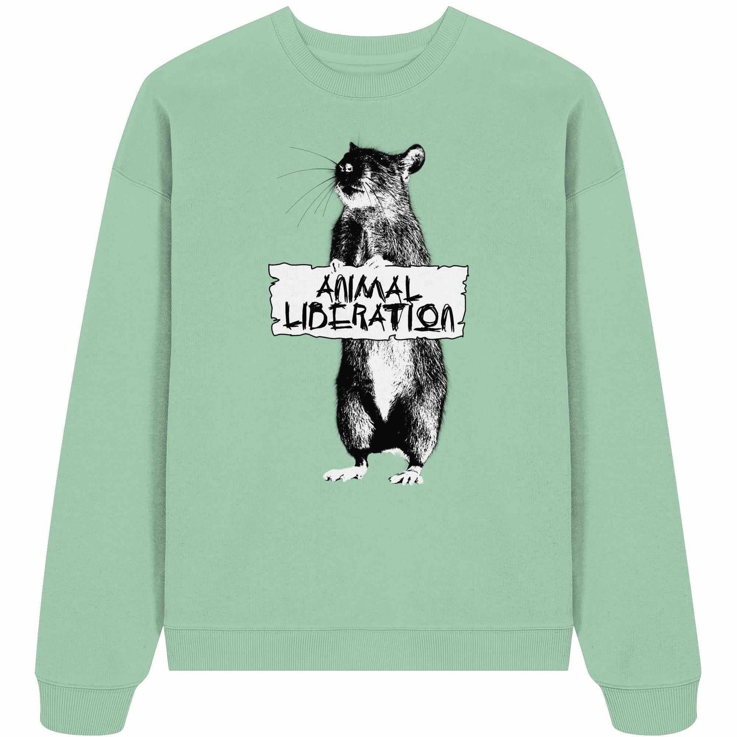Vegan und Bio Oversized Sweatshirt mit digitaler Collage eines Rattenmotivs, inspiriert von Banksy's Street Art, auf grünem Hintergrund. Hergestellt aus 100% Bio-Baumwolle.