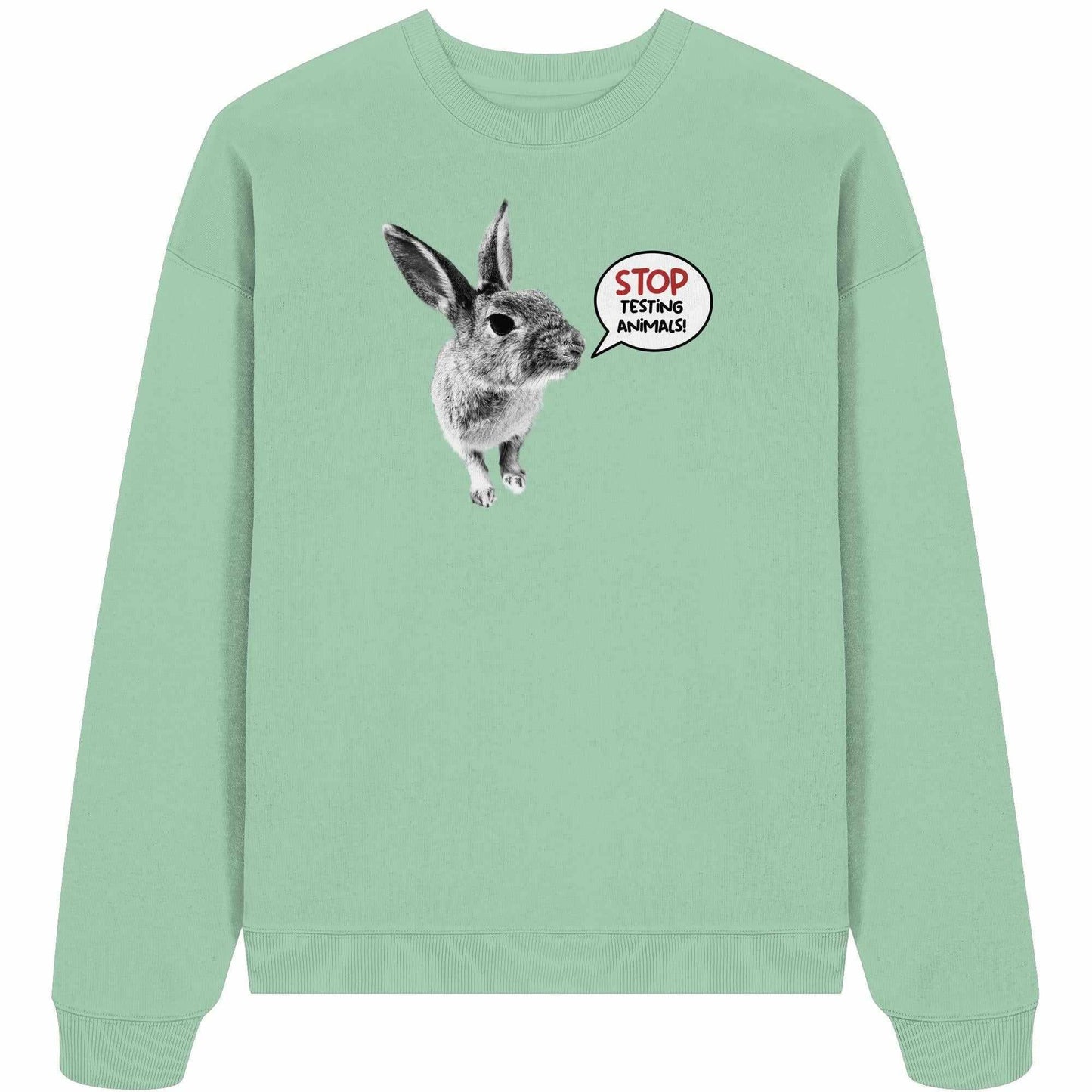 Vegan und Bio Oversized Sweatshirt mit niedlichem Hasenmotiv und Stop Animal Testing!-Statement, aus 100% Bio-Baumwolle, design von RUDE REBEL.
