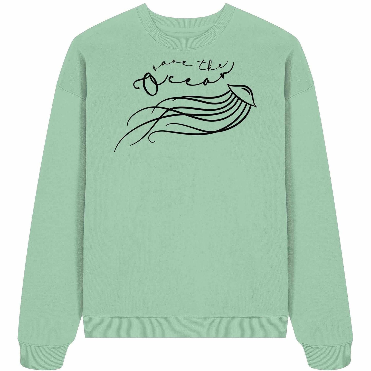 Vegan und Bio Oversized Sweatshirt mit Quallen-Design und Save the Ocean-Aufruf, aus 100% Bio-Baumwolle, betont Nachhaltigkeit und Naturschutz.