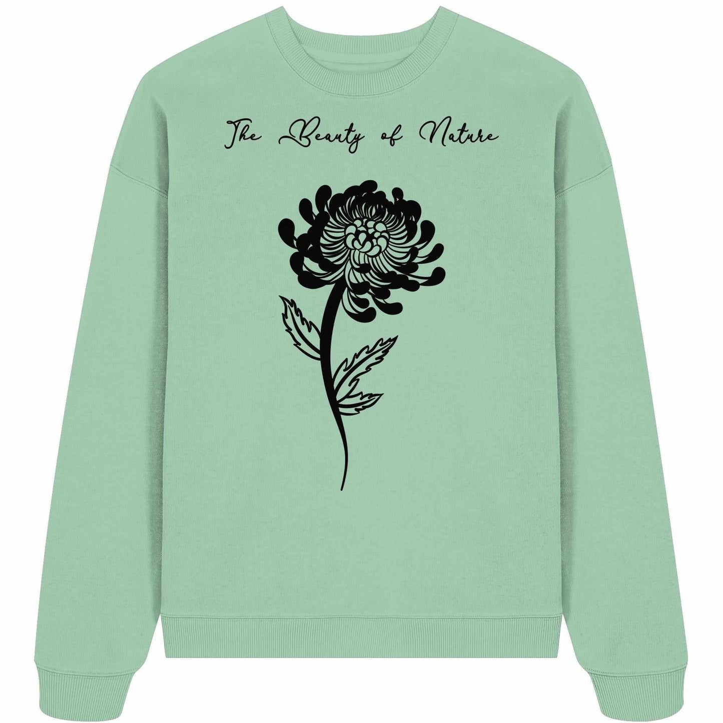 Vegan und Bio Oversized Sweatshirt: Chrysantheme - Grüner Pullover mit schwarzem Blumenmotiv, betont Nachhaltigkeit und Naturschutz, aus 100% biologischer Baumwolle.
