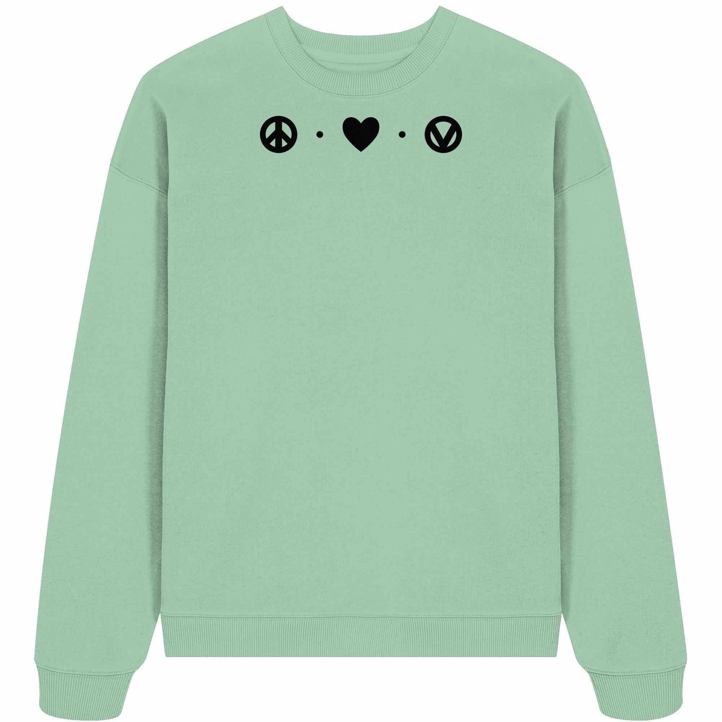 Vegan und Bio Oversized Sweatshirt: Love - Peace - Veganism, grüner Pullover mit schwarzen Herz- und Friedenssymbolen, aus 100% Bio-Baumwolle, lässiges Design von RUDE REBEL.
