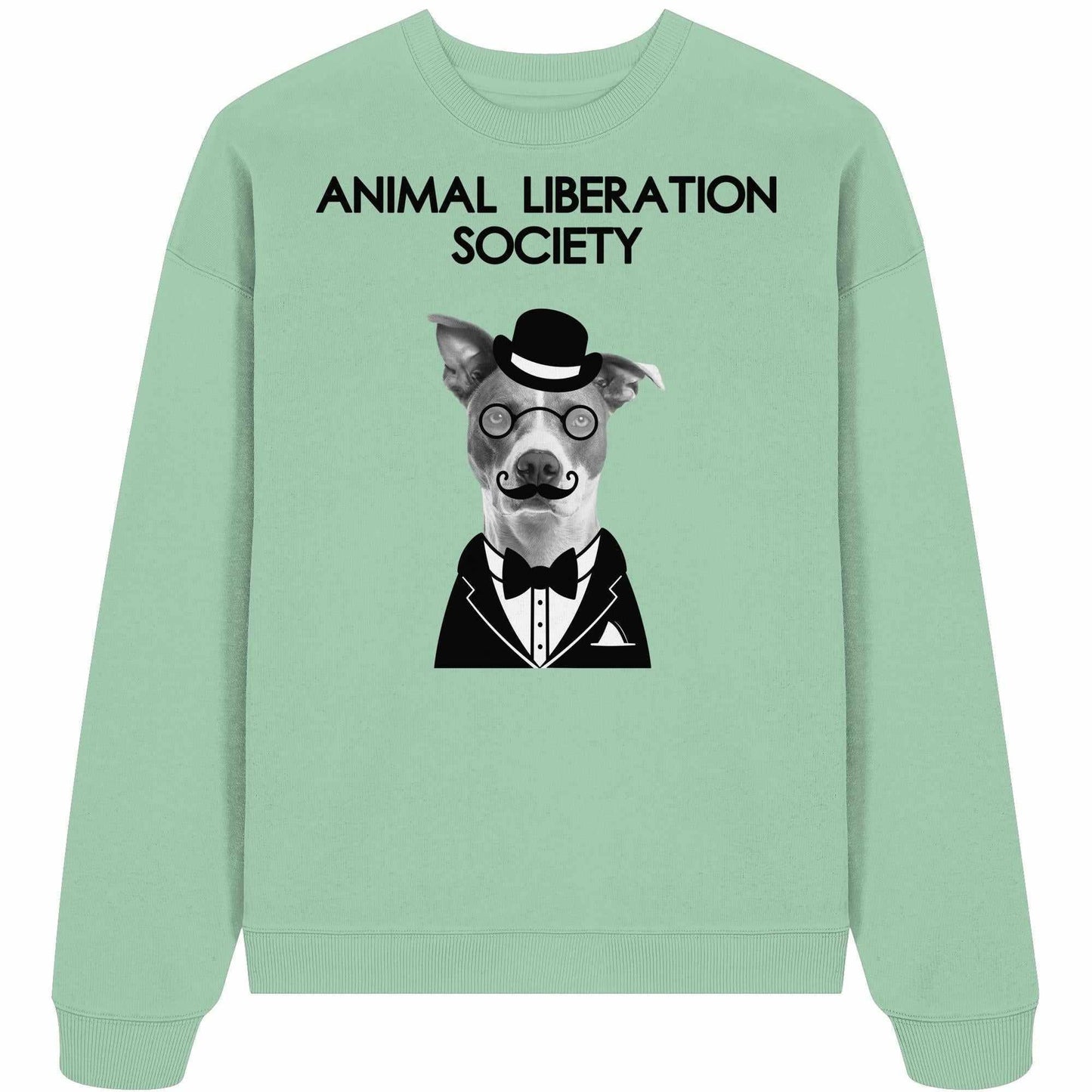 Vegan und Bio Oversized Sweatshirt: Mr. Dog - Animal Liberation Society mit Hund im Hut und Brille, aus 100% Bio-Baumwolle, rebellisches Design von RUDE REBEL.