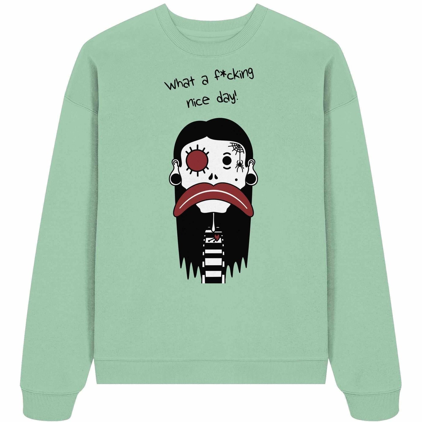 Vegan und Bio Oversized Sweatshirt: Mental health – Bad Day, grünes Sweatshirt mit Cartoon-Gesicht und schwarzem Text, aus 100% Bio-Baumwolle, rebellisches Design von RUDE REBEL.