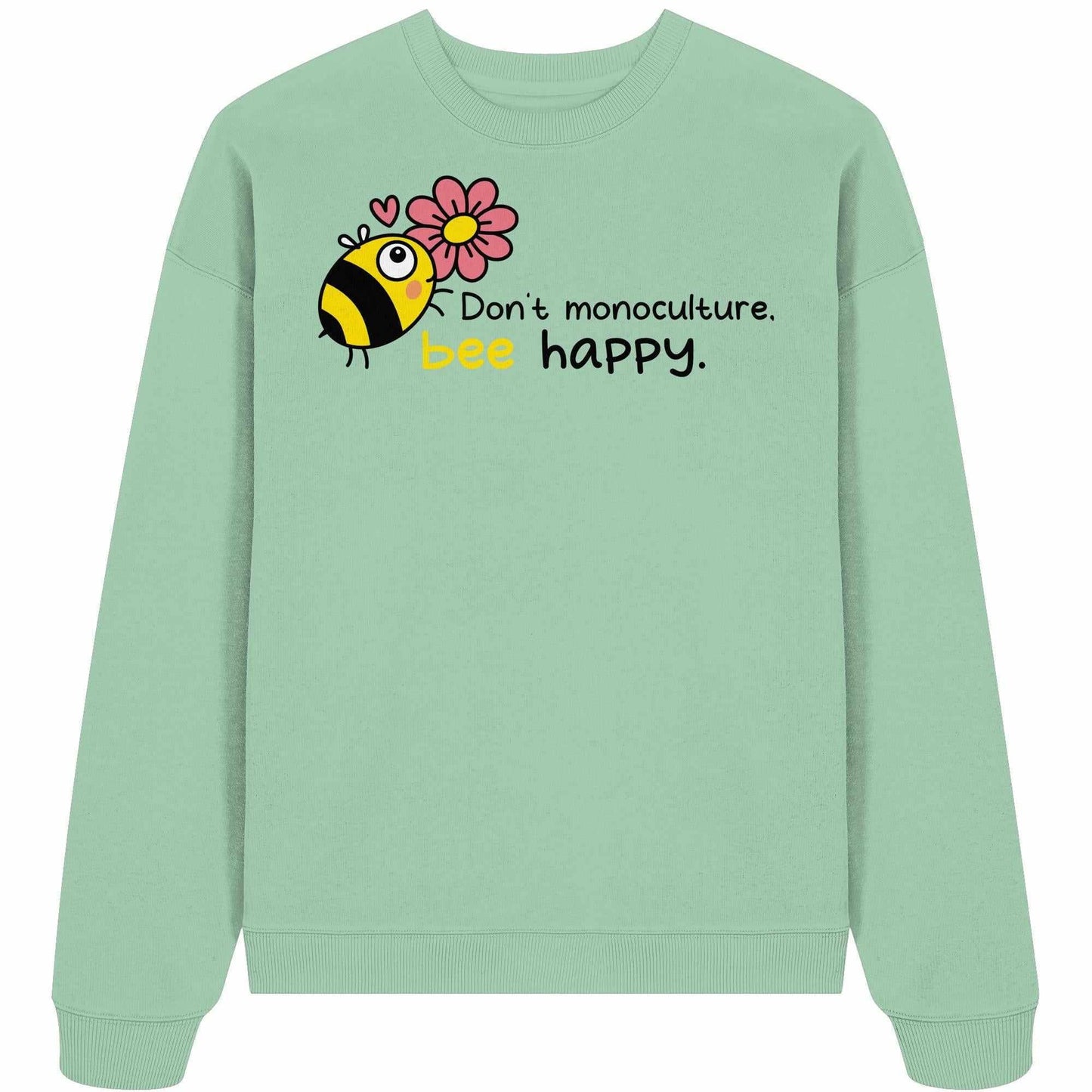 Vegan und Bio Oversized Sweatshirt mit Cartoon-Biene und Blume, aus 100% Bio-Baumwolle, betont Naturschutz und Artenvielfalt.
