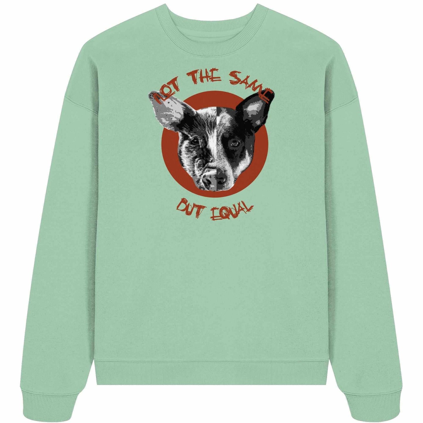Vegan und Bio Oversized Sweatshirt mit Hund- und Schweinemotiv, thematisiert Tierrechte und Gleichheit; aus 100% Bio-Baumwolle, rebellisches Design von RUDE REBEL.