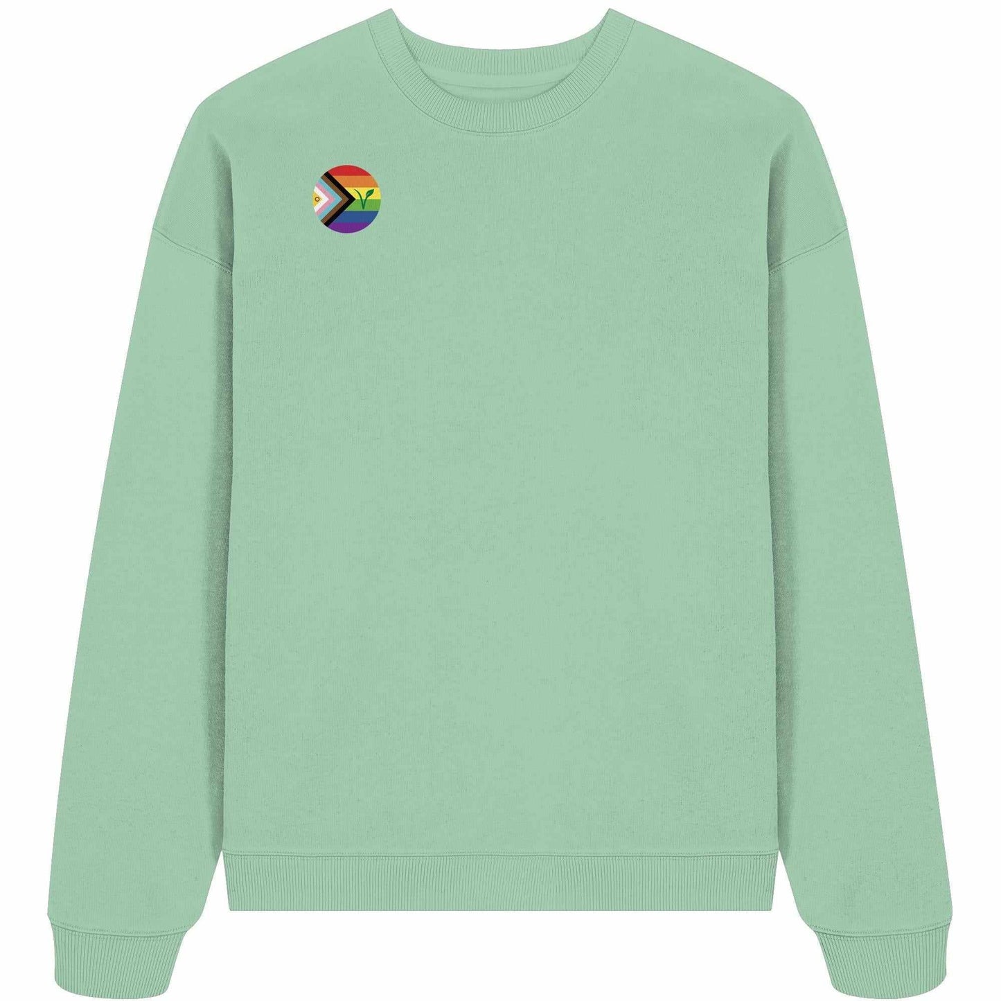 Vegan und Bio Oversized Sweatshirt mit Regenbogen-Logo und grünem Blatt, symbolisiert LGBTQIA+ und Veganismus. Hergestellt aus 100% Bio-Baumwolle, Oversized Fit.