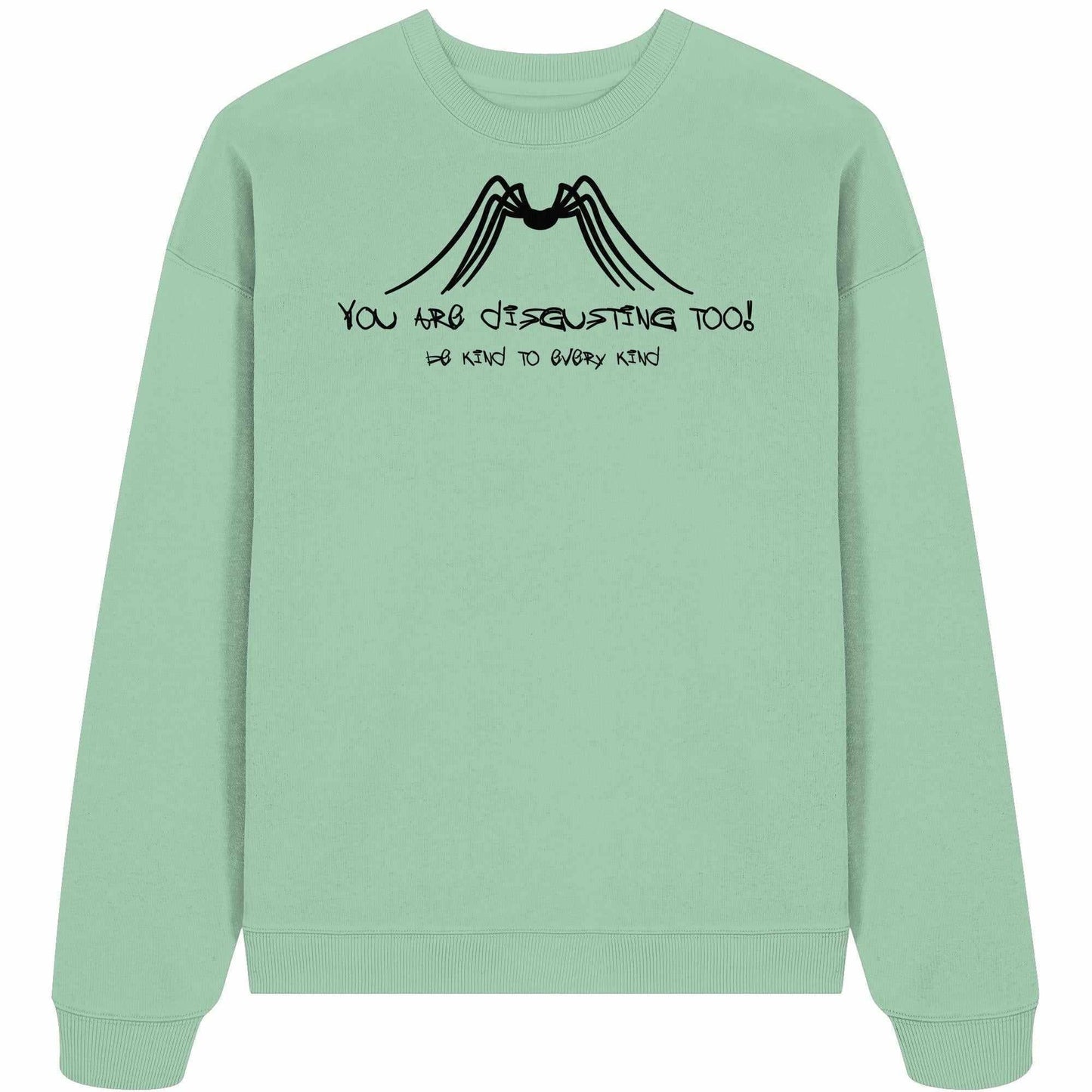Vegan und Bio Oversized Sweatshirt mit schwarzem Text Protect Insects, zeigt eine schwarze Spinne. Hergestellt aus 100% Bio-Baumwolle, oversized Schnitt.