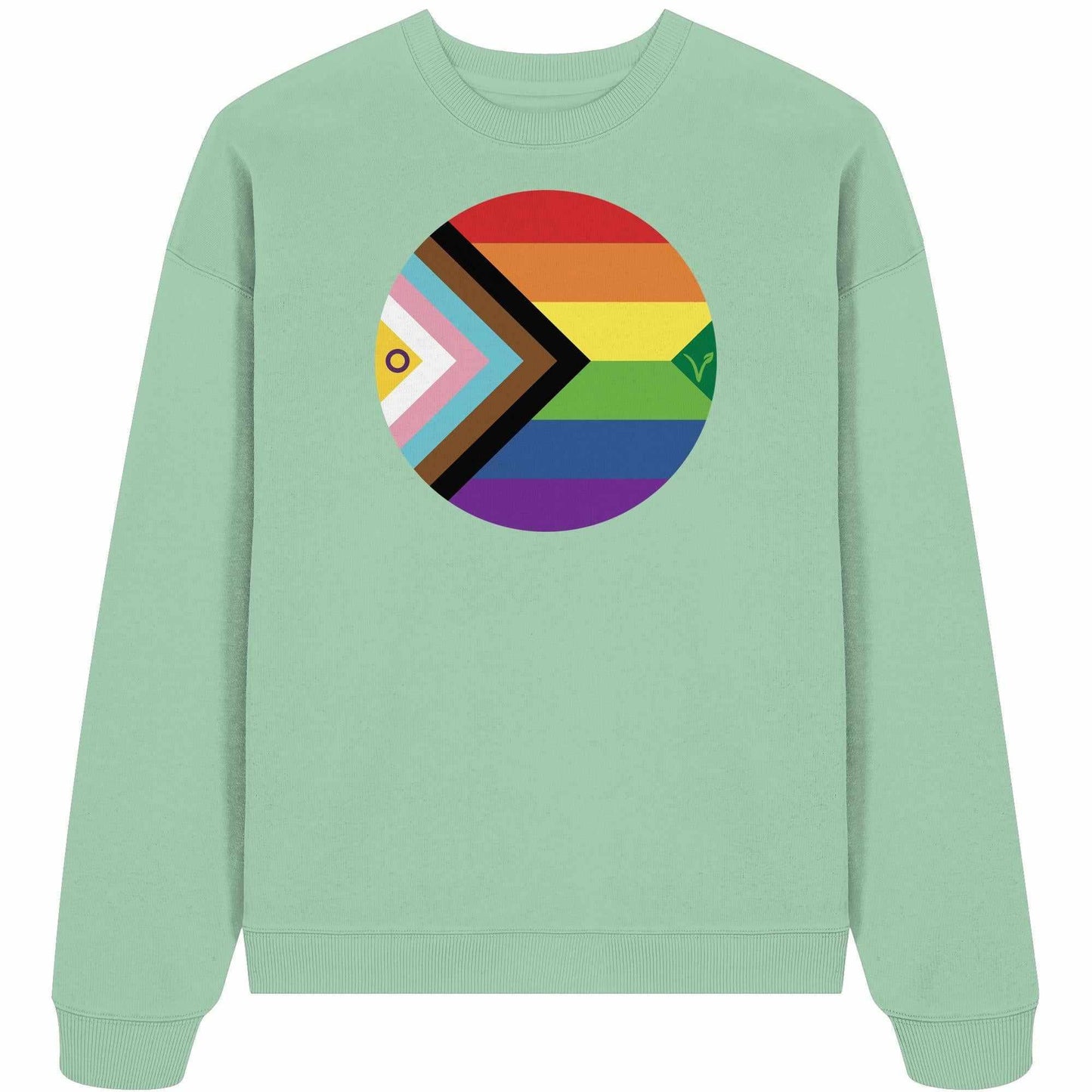 Vegan und Bio Oversized Sweatshirt mit Regenbogenkreis-Design, ergänzt um ein Veganismus-V, aus 100% Bio-Baumwolle, von RUDE REBEL.