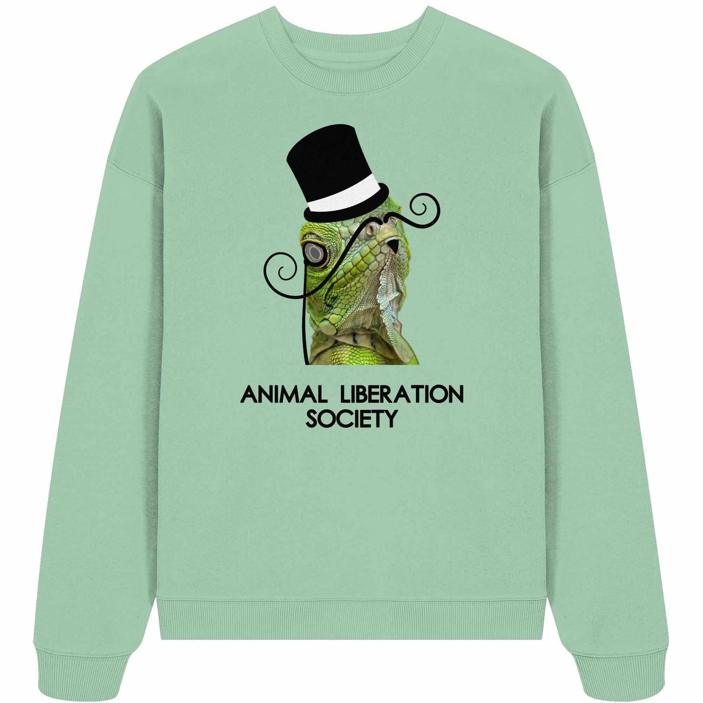 Vegan und Bio Oversized Sweatshirt: Sir Reptile - Animal Liberation Society, zeigt einen eleganten Lizard mit Hut und Schnurrbart, inspiriert von Tierrechten.