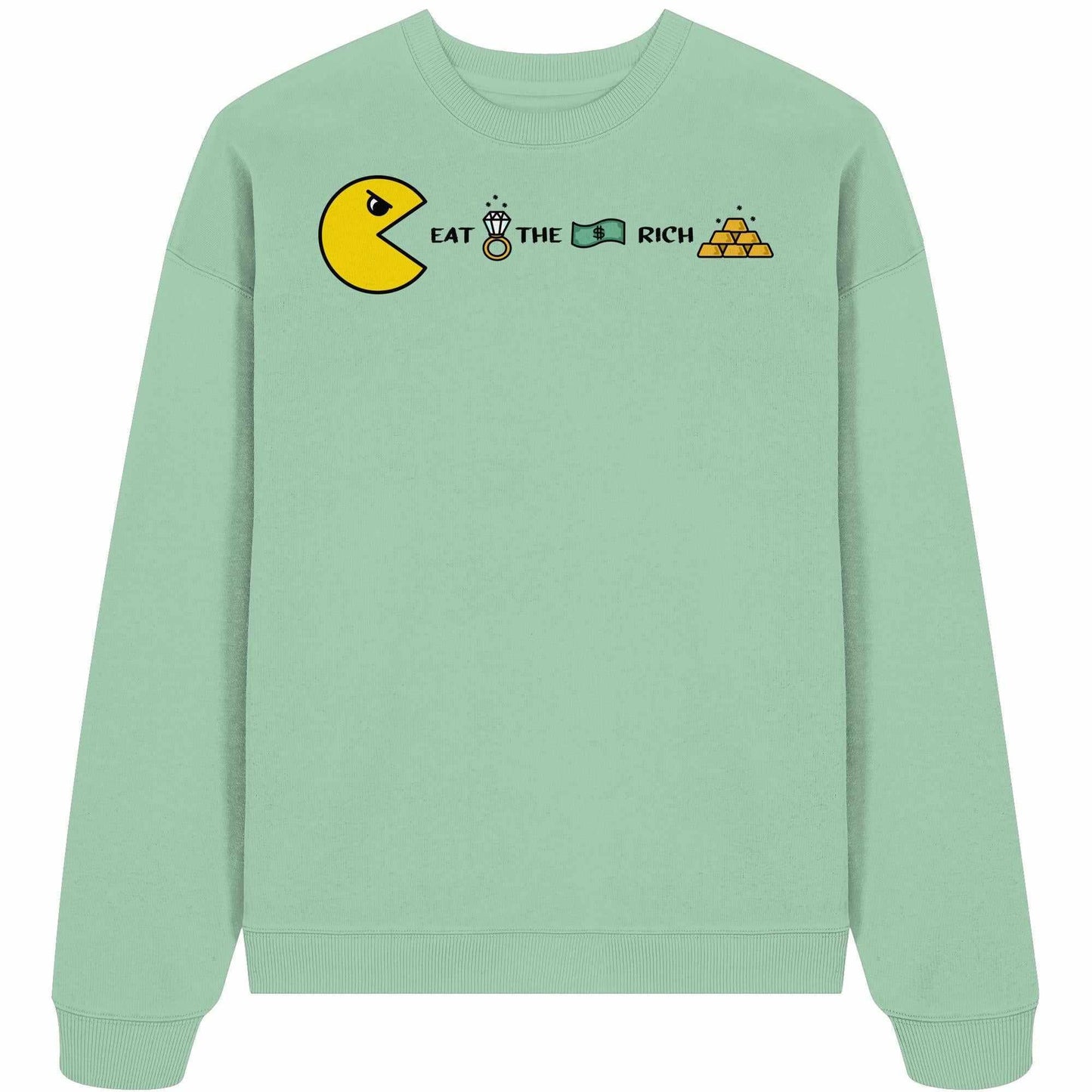 Vegan und Bio Oversized Sweatshirt: PAC-MAN - Eat the rich, grüner Pullover mit gelbem Pac-Man und goldenen Pyramiden, 100% Bio-Baumwolle, rebellisches Design von RUDE REBEL.