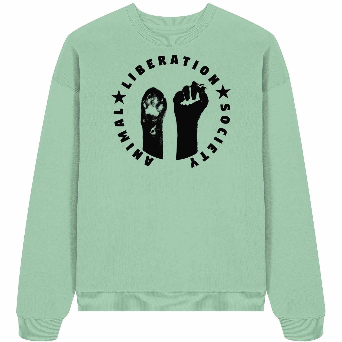Vegan und Bio Oversized Sweatshirt mit schwarzem Hand- und Sternenmotiv, symbolisiert Tier- und Menschenrecht, aus 100% Bio-Baumwolle.