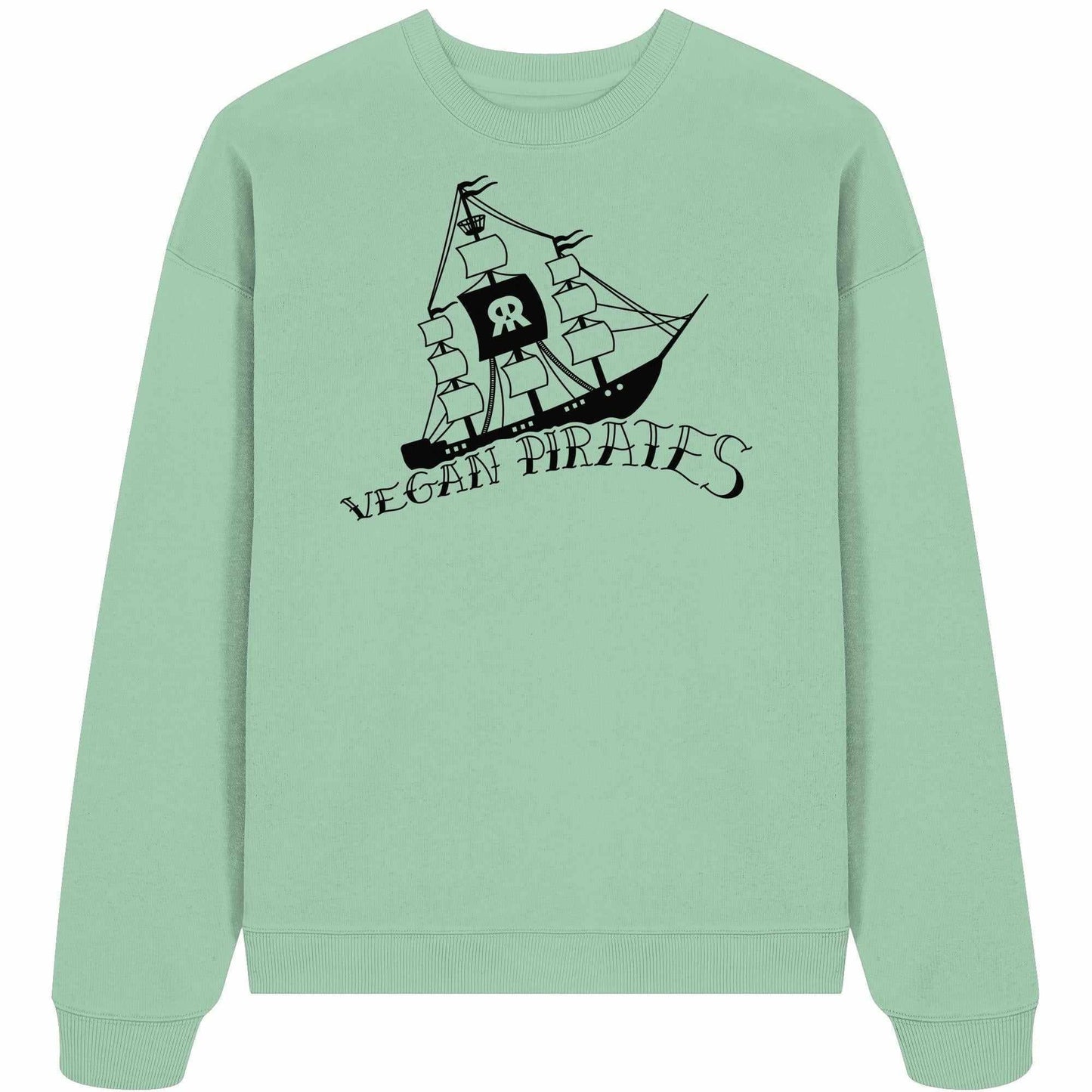 Vegan und Bio Oversized Sweatshirt: Vegan Pirates mit schwarzem Piratenschiff-Design, aus 100% Bio-Baumwolle, rebellisches Statement für Nachhaltigkeit und vegane Überzeugungen.