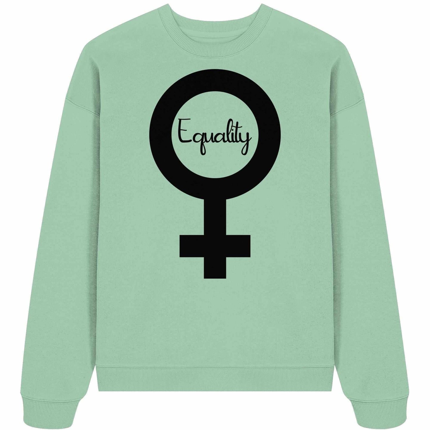 Vegan und Bio Oversized Sweatshirt: Feminismus - Der Kampf um Gleichberechtigung mit schwarzem Symbol und Schriftzug, aus 100% Bio-Baumwolle, rebellisches Design von RUDE REBEL.