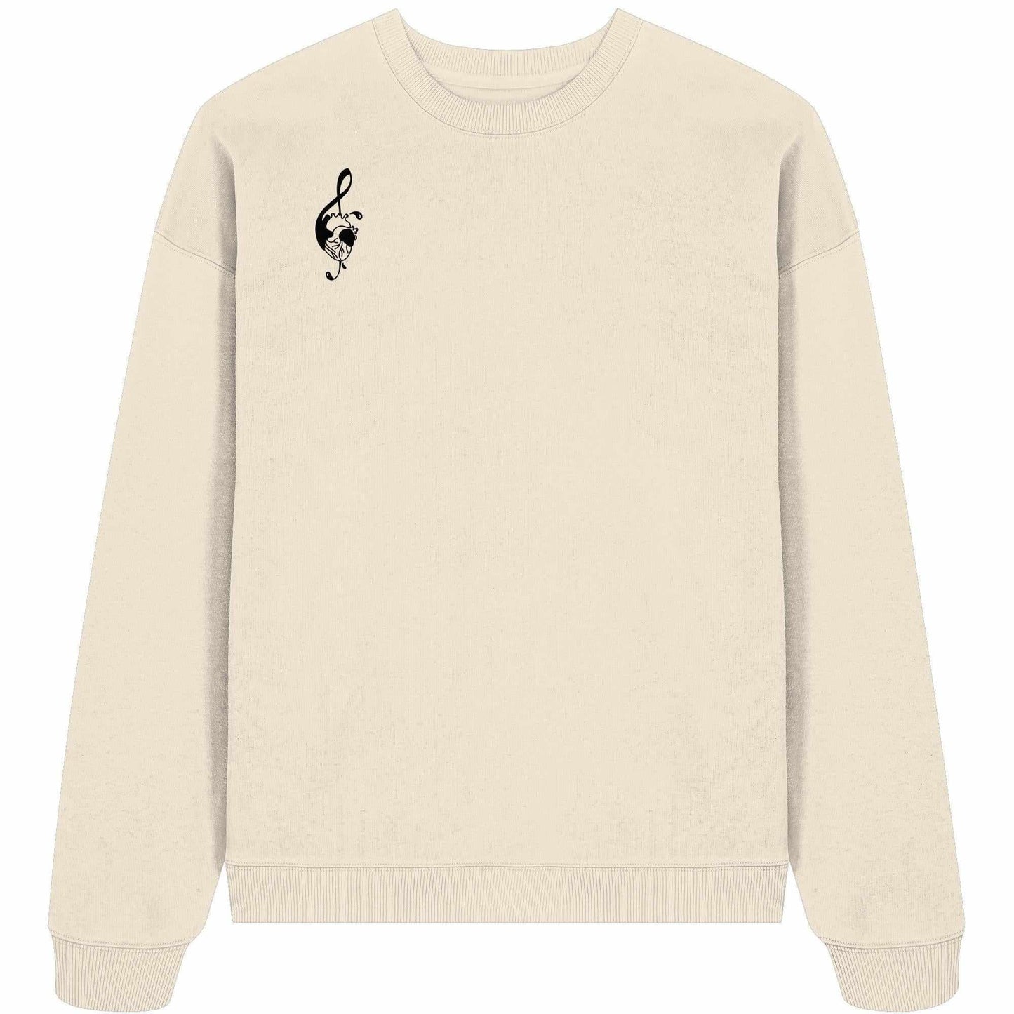 Vegan und Bio Oversized Sweatshirt: Music Heart mit schwarzem Herz-Logo auf weißem Stoff, aus 100% Bio-Baumwolle, symbolisiert musikalische Harmonie.