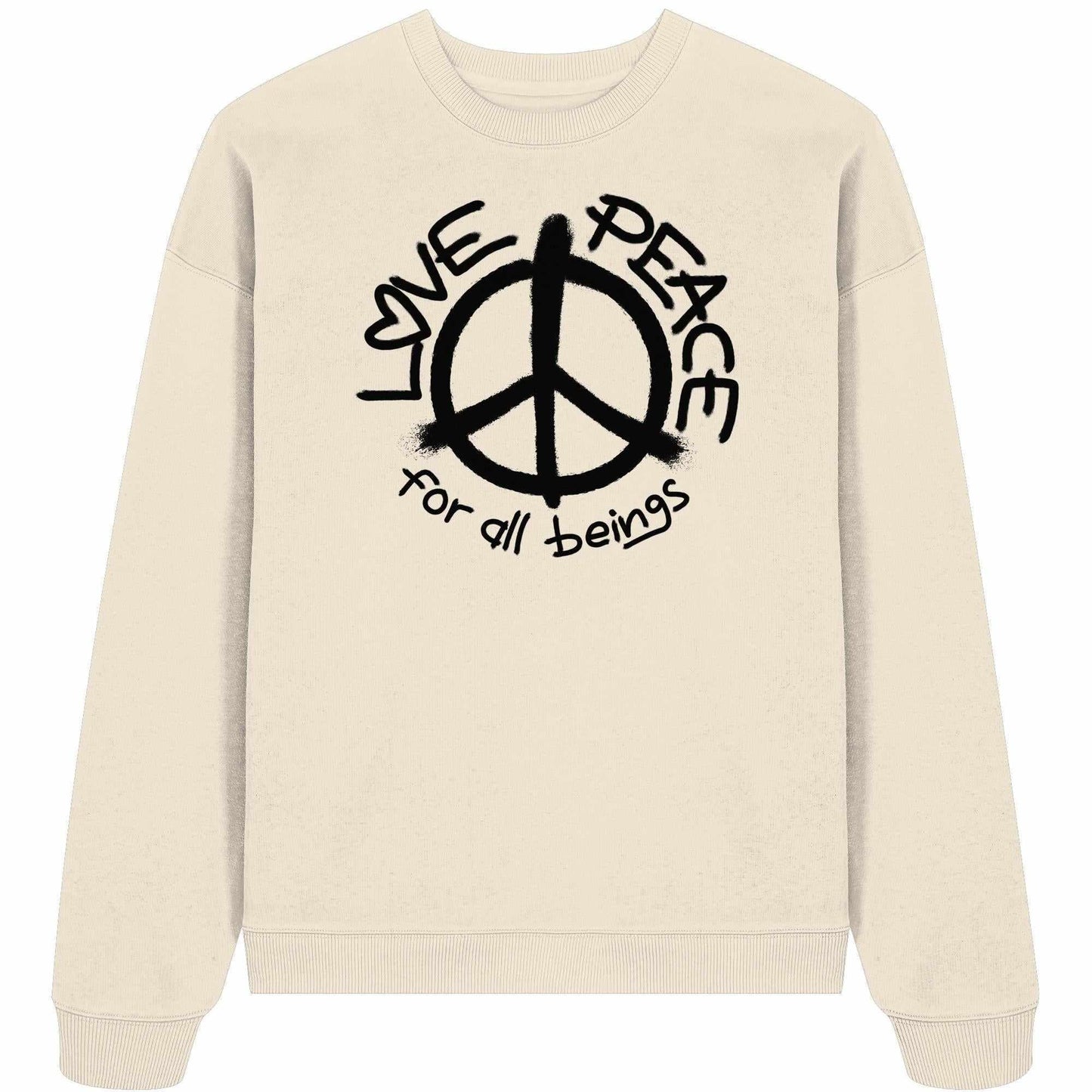 Vegan und Bio Oversized Sweatshirt mit Friedenszeichen, liebevoller Botschaft und lockerem Hippie-Design, aus 100% Bio-Baumwolle.
