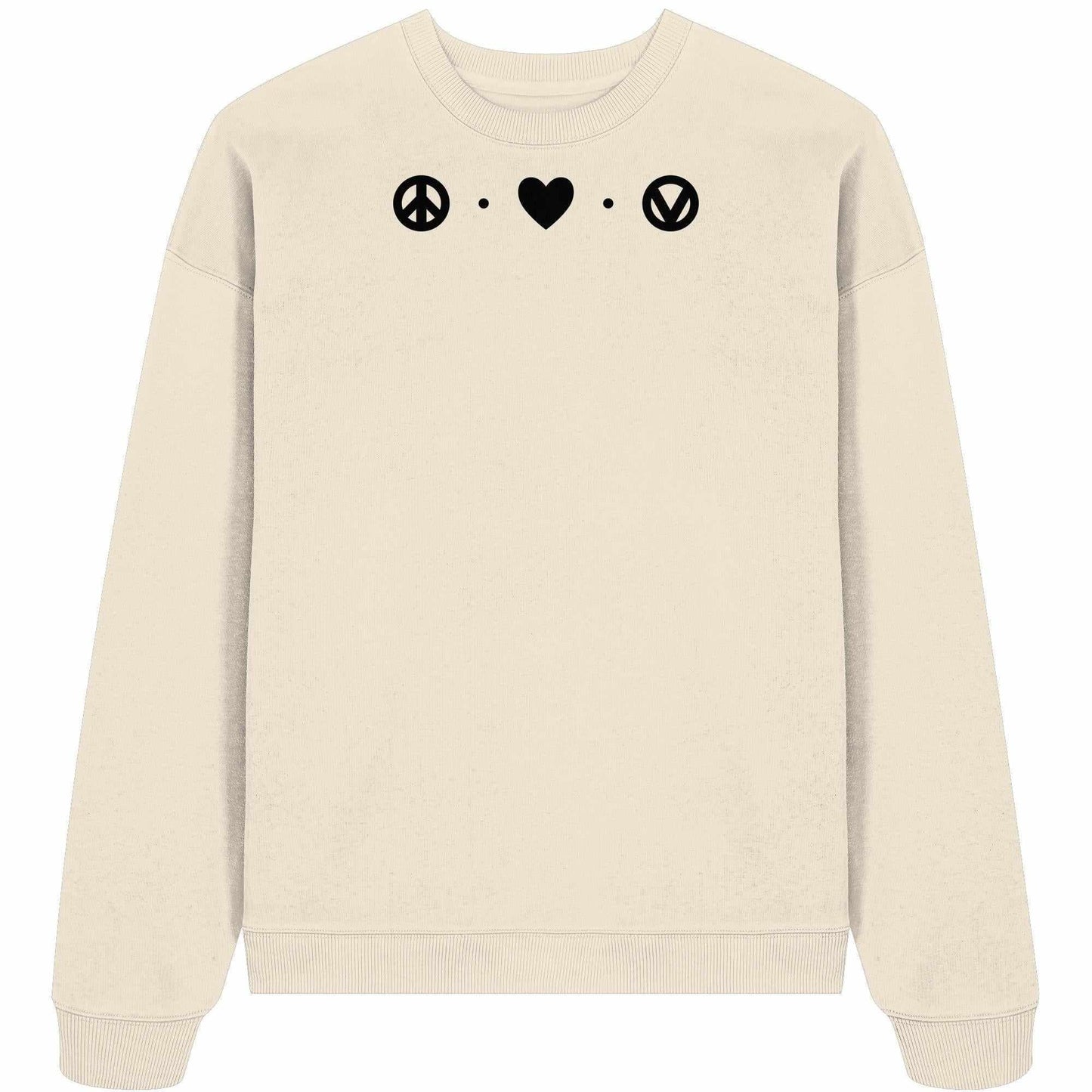 Vegan und Bio Oversized Sweatshirt: Love - Peace - Veganism mit schwarzen Symbolen auf weißem Stoff, darunter Herz, Peace-Zeichen und Logo, aus Bio-Baumwolle.