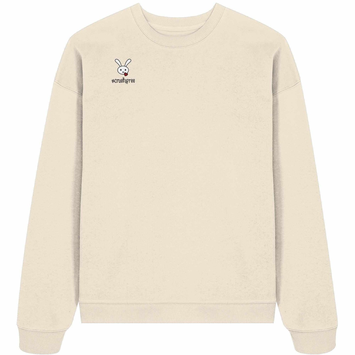 Vegan und Bio Oversized Sweatshirt: Crueltyfree Bunny zeigt einen Cartoon-Hasen mit Herz im Mund, gefertigt aus 100% Bio-Baumwolle, rebellisches, tierfreundliches Design.
