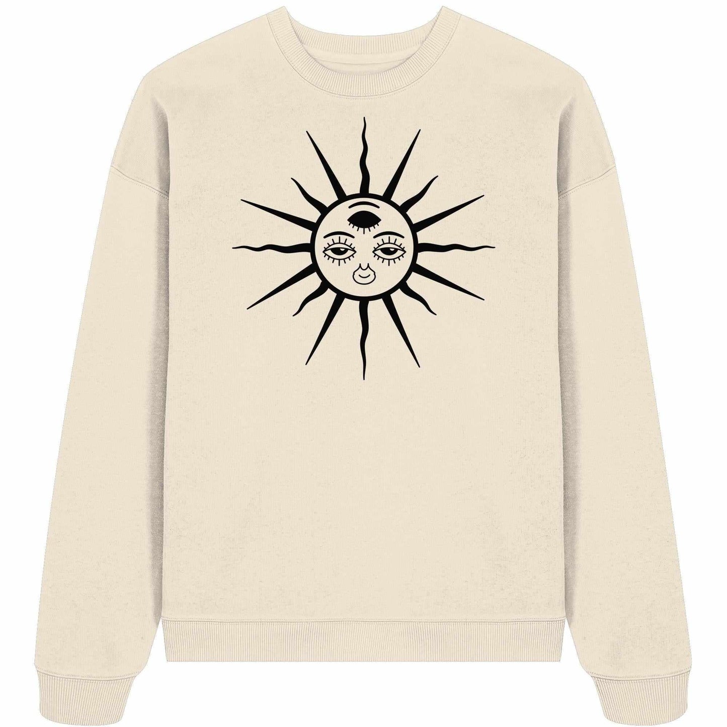 Vegan und Bio Oversized Sweatshirt mit Ethno-Sonnenmotiv, ideal für Goa Raves. Hergestellt aus 100% Bio-Baumwolle, bietet Komfort und stilvolles Design.