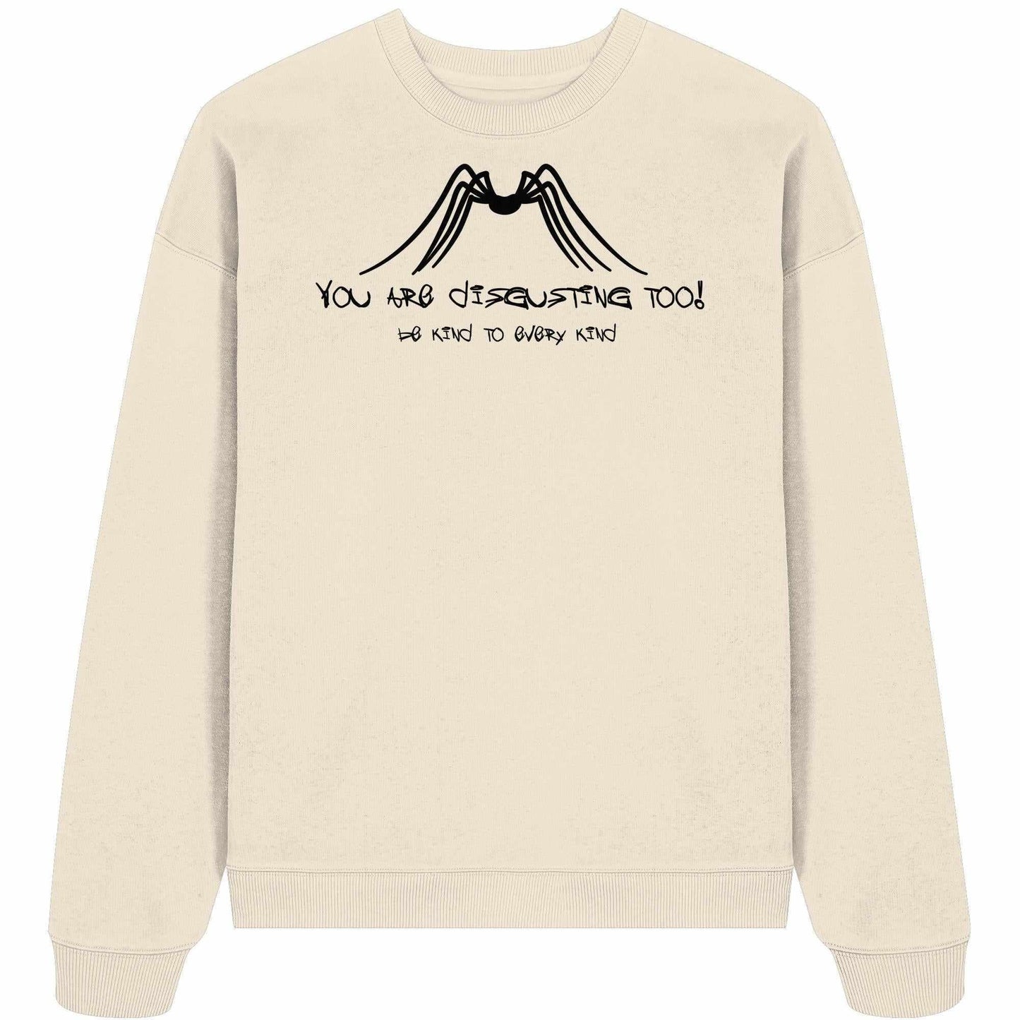 Vegan und Bio Oversized Sweatshirt mit schwarzem Text und Spinnenmotiv, aus 100% Bio-Baumwolle, betont Tierschutz und nachhaltige Mode.