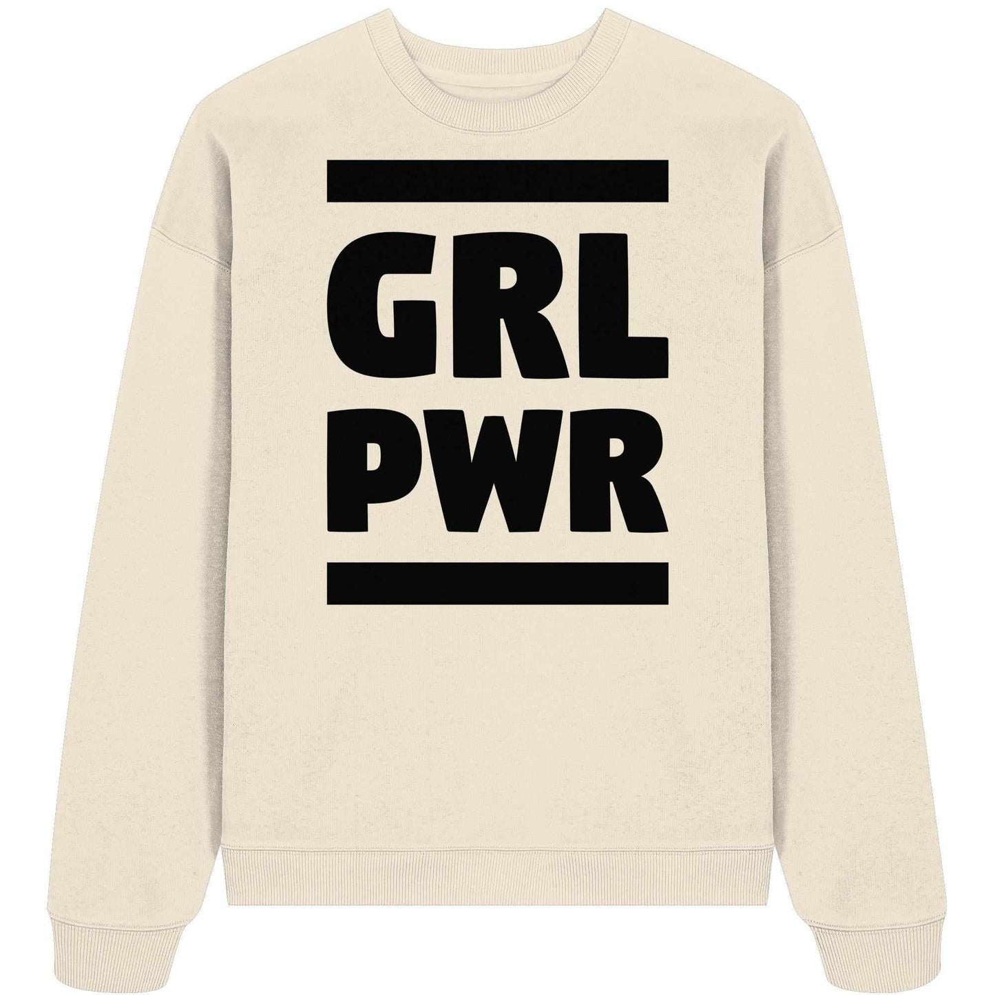 Vegan und Bio Oversized Sweatshirt: GIRL POWER mit feministischer Botschaft. Weißer Pullover aus 100% Bio-Baumwolle mit schwarzem Text, oversized Schnitt, Rippstrickabschlüsse.