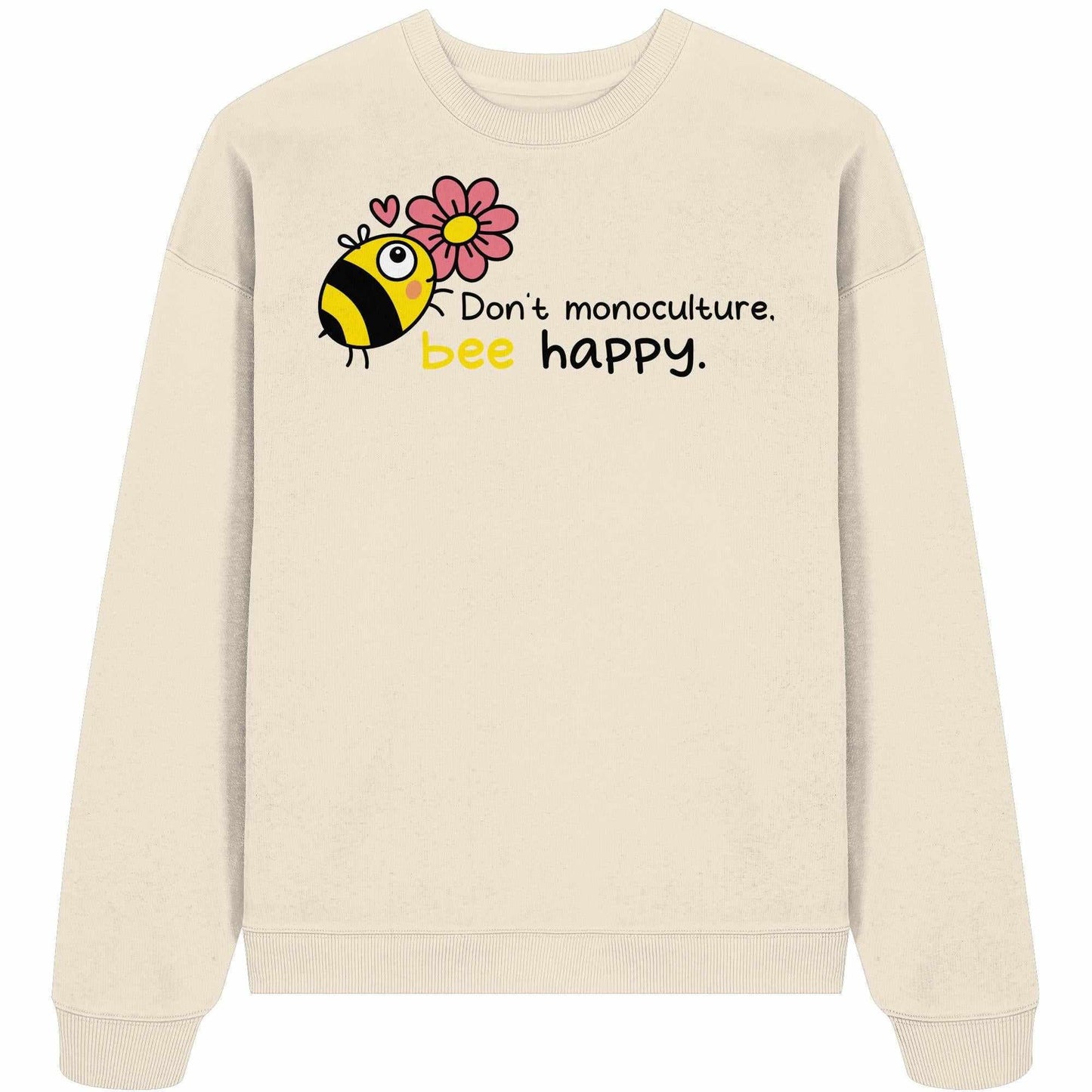Vegan und Bio Oversized Sweatshirt mit Bienen- und Blumenmotiv, aus 100% Bio-Baumwolle. Nachhaltiges Design von RUDE REBEL, fördert Artenvielfalt und Naturschutz.