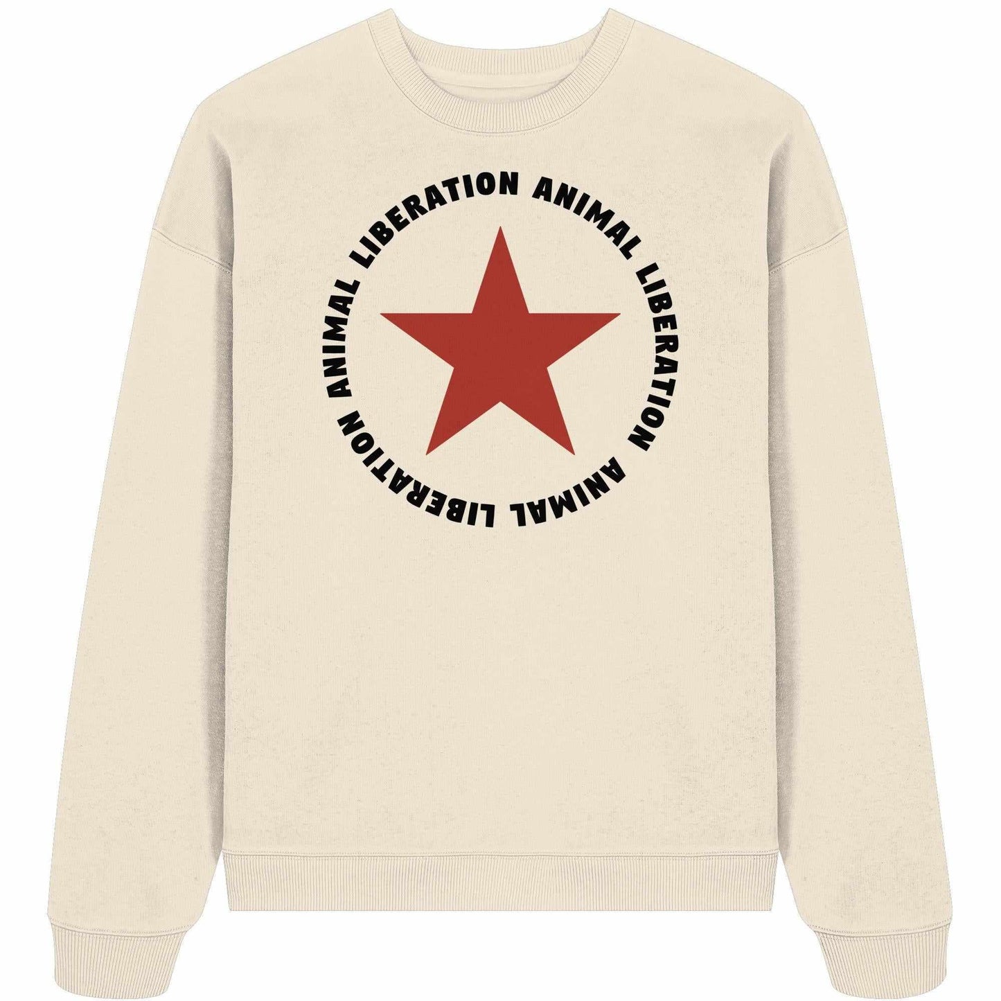Vegan und Bio Oversized Sweatshirt mit rotem Stern und Botschaft Animal Liberation auf der Vorderseite, aus 100% Bio-Baumwolle, rebellisches Design von RUDE REBEL.