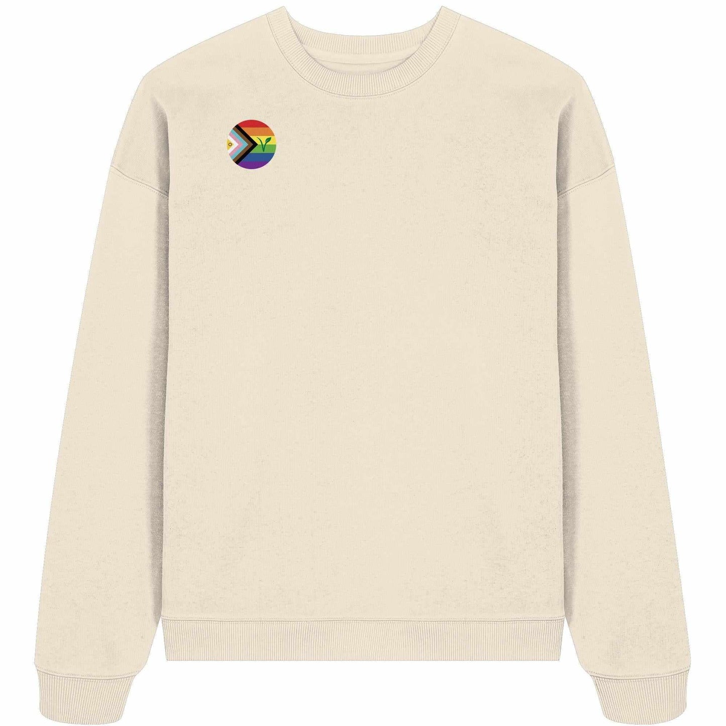 Vegan und Bio Oversized Sweatshirt mit einem regenbogenfarbenen Logo und grünem Blatt auf weißem Hintergrund, aus 100% Bio-Baumwolle, von RUDE REBEL.