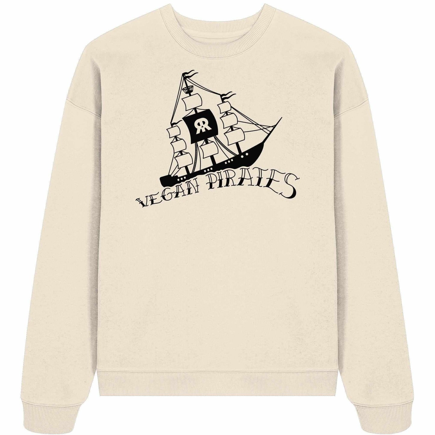 Weißes Oversized Sweatshirt mit Piratenschiff-Motiv, aus 100% Bio-Baumwolle, repräsentiert vegane Piraten.