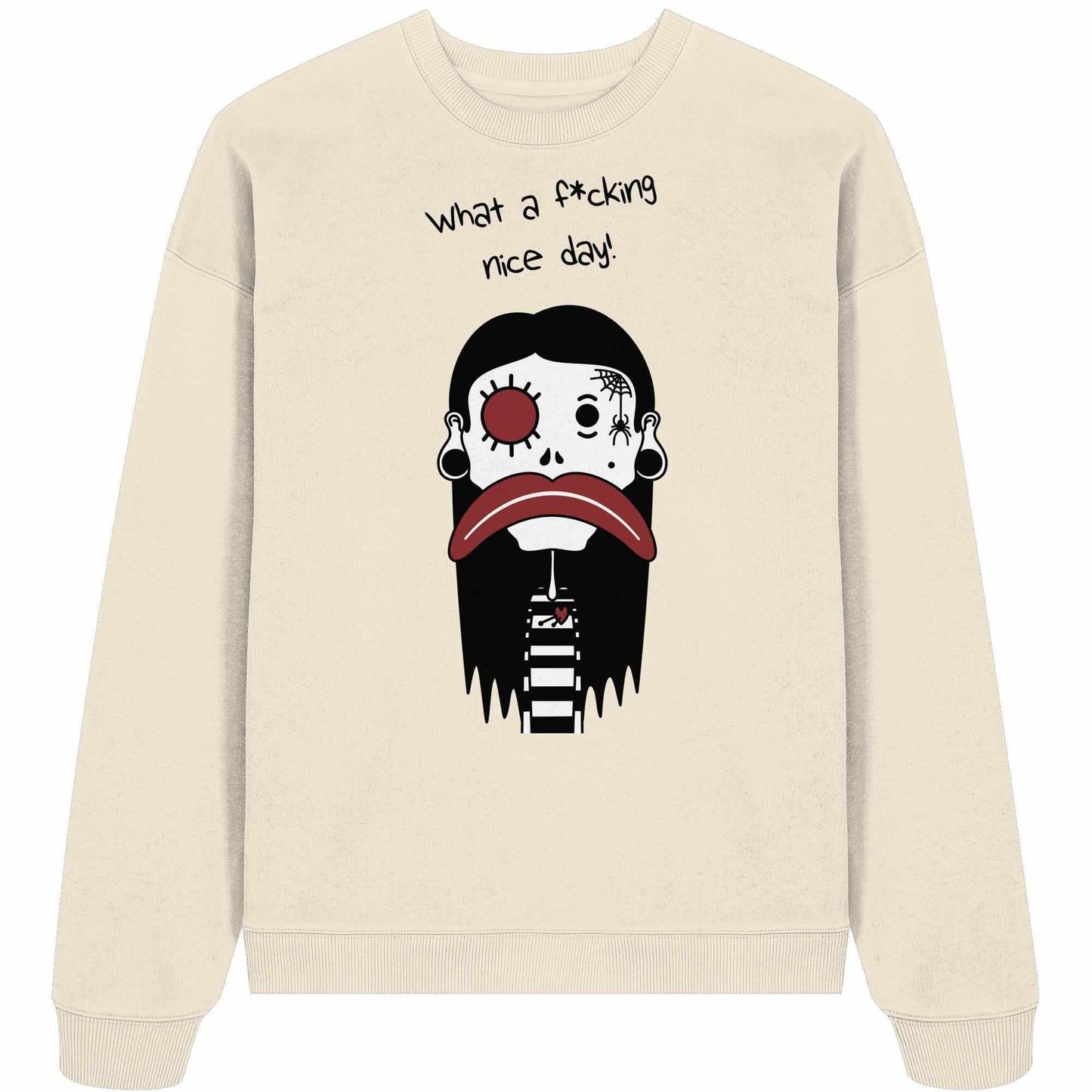 Vegan und Bio Oversized Sweatshirt mit Cartoon-Charakter und roten Details, inspiriert von alternativen Designs, aus 100% Bio-Baumwolle, rebellische und nachhaltige Mode von RUDE REBEL.
