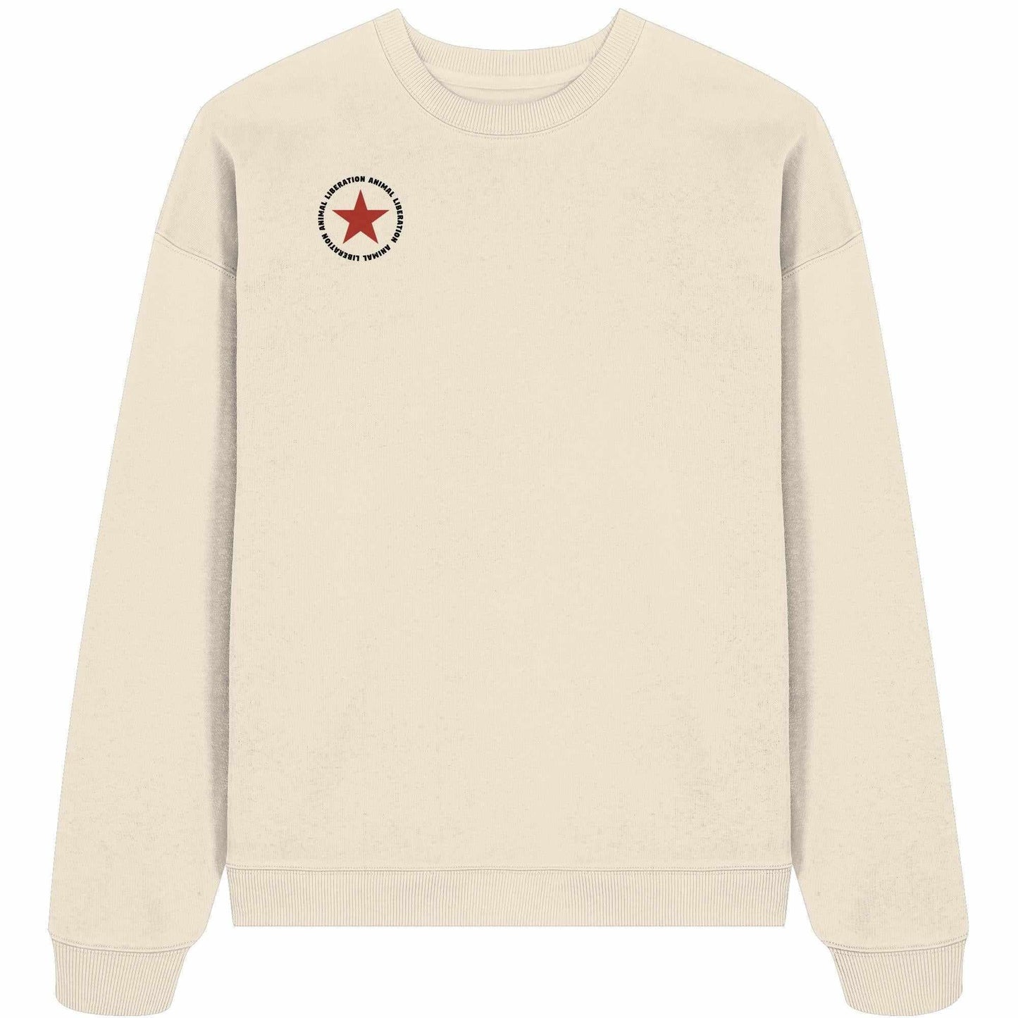 Vegan und Bio Oversized Sweatshirt: Red Star - Animal Liberation, weißer Pullover mit rotem Sternmotiv, 100% Bio-Baumwolle, rebellisches Design von RUDE REBEL.