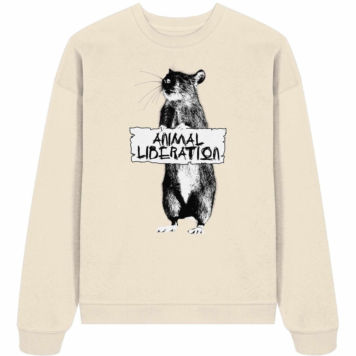 Vegan und Bio Oversized Sweatshirt: Rat for Animal Liberation, zeigt eine digitale Collage mit Tieren im Banksy-inspirierten Stil, auf 100% Bio-Baumwolle.
