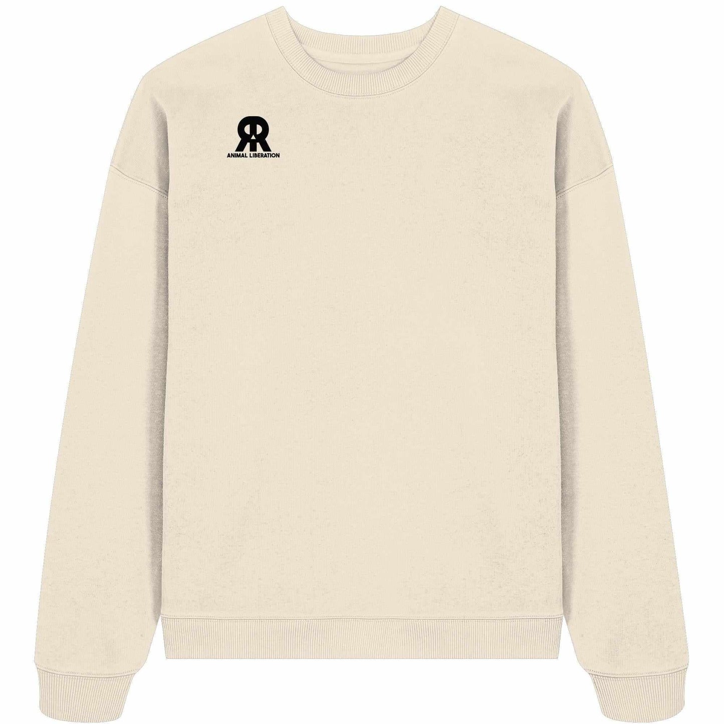 Vegan und Bio Oversized Sweatshirt: RUDE REBEL Skull - Animal Liberation, weißer Pullover mit schwarzem Logo, aus 100% Bio-Baumwolle, rebellisches Design von RUDE REBEL.