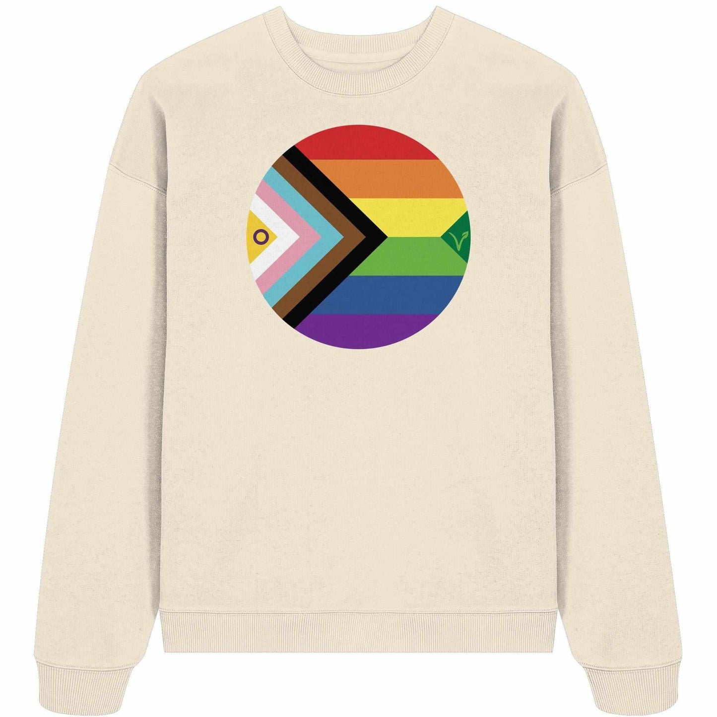 Vegan und Bio Oversized Sweatshirt mit Regenbogenkreis und Fisch, symbolisiert LGBTQAI+ und Veganismus. Hergestellt aus 100% Bio-Baumwolle, betont Freiheit und Tierrechte.