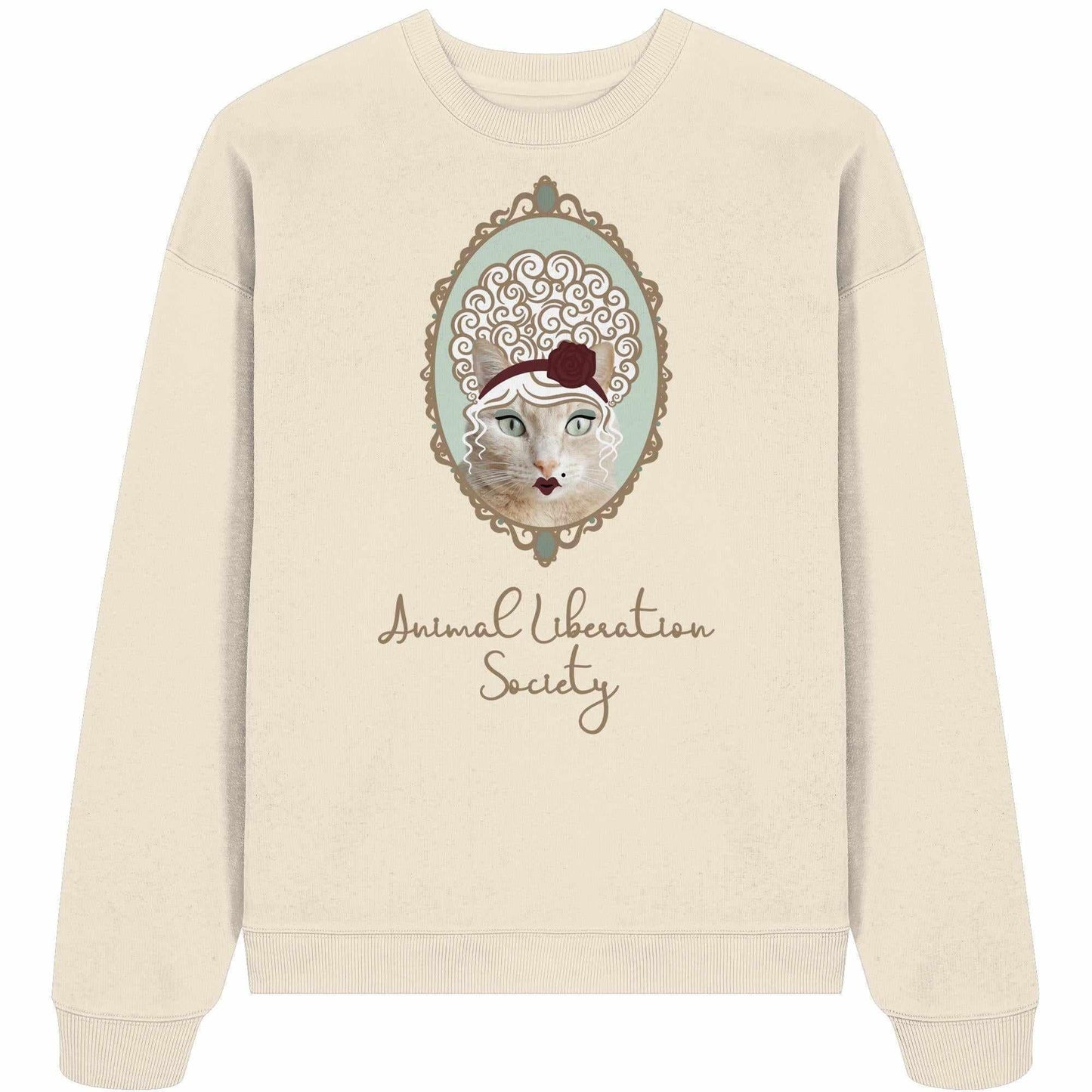 Vegan und Bio Oversized Sweatshirt: Miss Cat - Animal Liberation Society, weißer Pullover mit Katzenmotiv und Rose, aus 100% Bio-Baumwolle, repräsentiert tierische Gerechtigkeit.