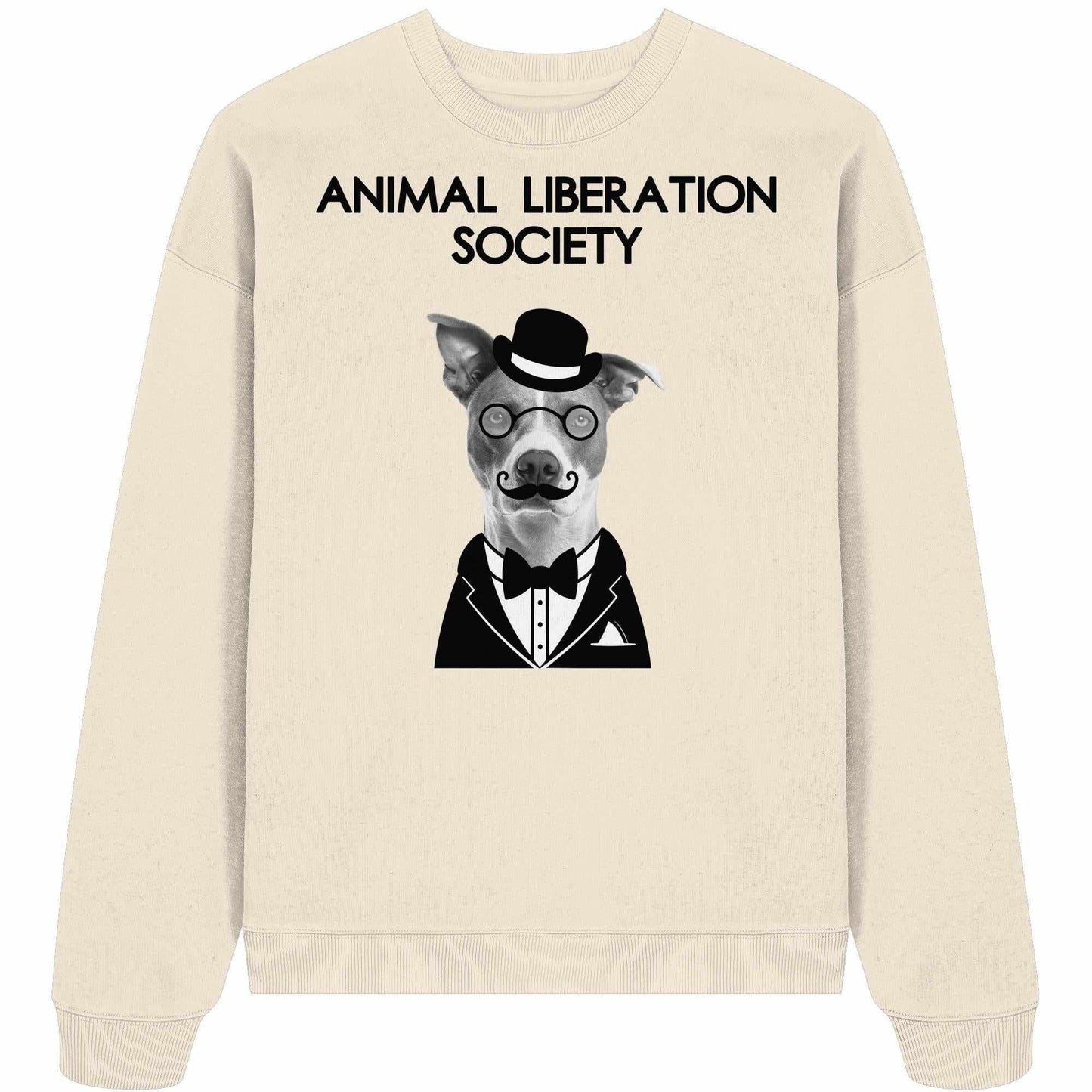 Vegan und Bio Oversized Sweatshirt: Mr. Dog - Animal Liberation Society mit Hundemotiv, Hut, Brille und Fliege, 100% Bio-Baumwolle, oversized Schnitt.