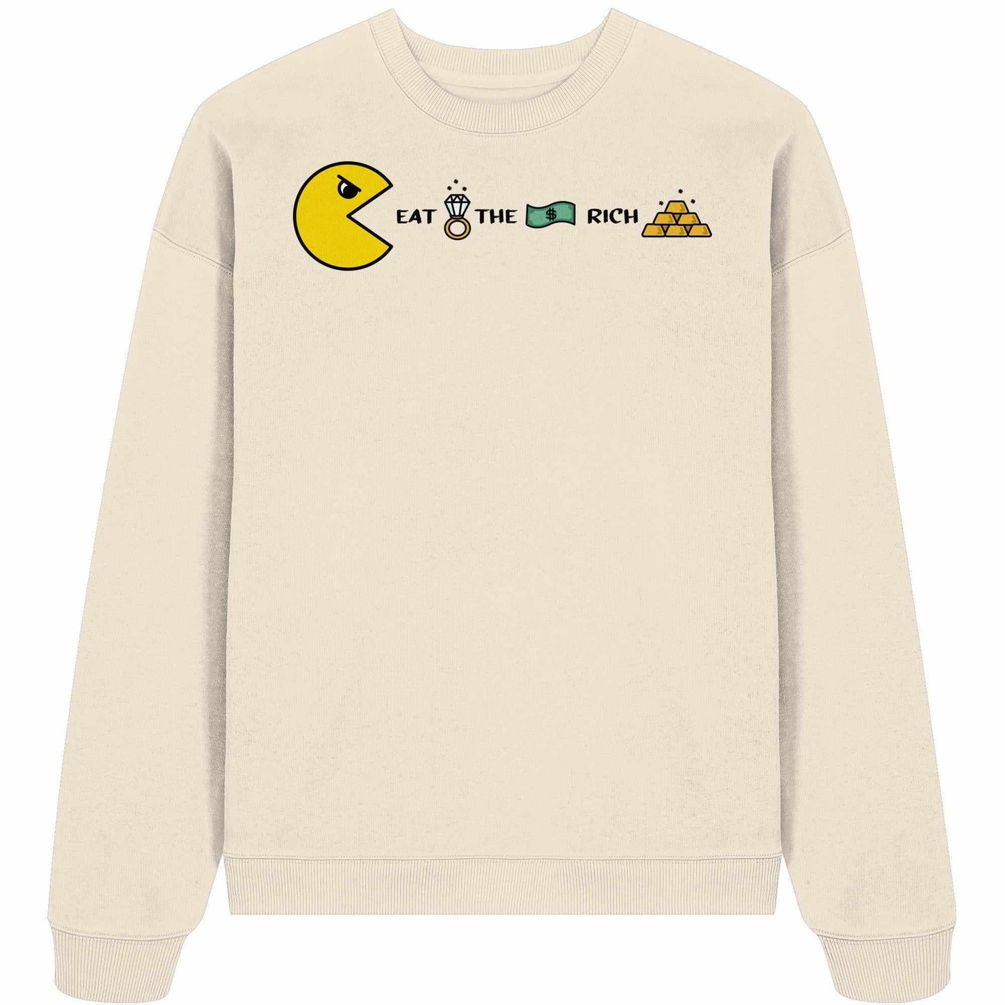 Vegan und Bio Oversized Sweatshirt mit gelbem Pac-Man-Design und Pyramidenmotiv, aus 100% Bio-Baumwolle, rebellisches Design von RUDE REBEL.