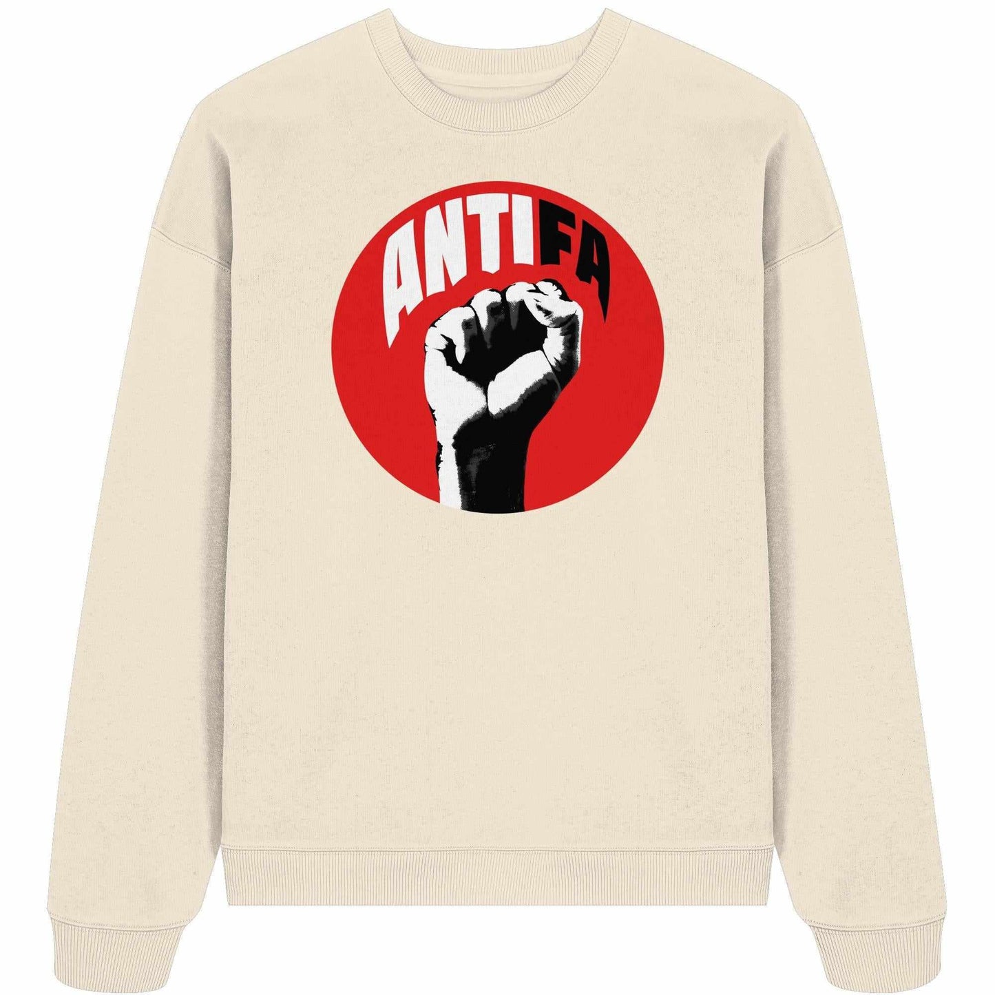 Vegan und Bio Oversized Sweatshirt: Antifa - Kampf gegen Rechts, mit rotem und schwarzem Faust-Design, aus 100% Bio-Baumwolle, kämpferisches Statement für Freiheit und Demokratie.