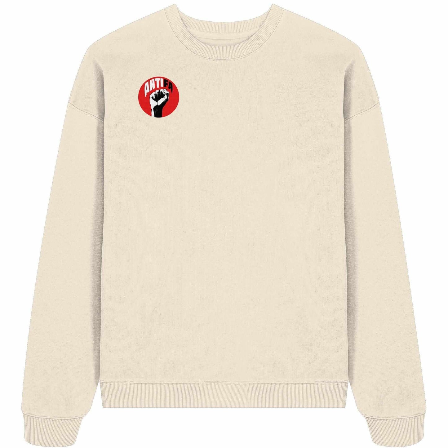 Vegan und Bio Oversized Sweatshirt: Antifa - Gemeinsam gegen Rechts, zeigt schwarzen Faustdruck auf weißem Stoff, symbolisierend Widerstand gegen Faschismus.