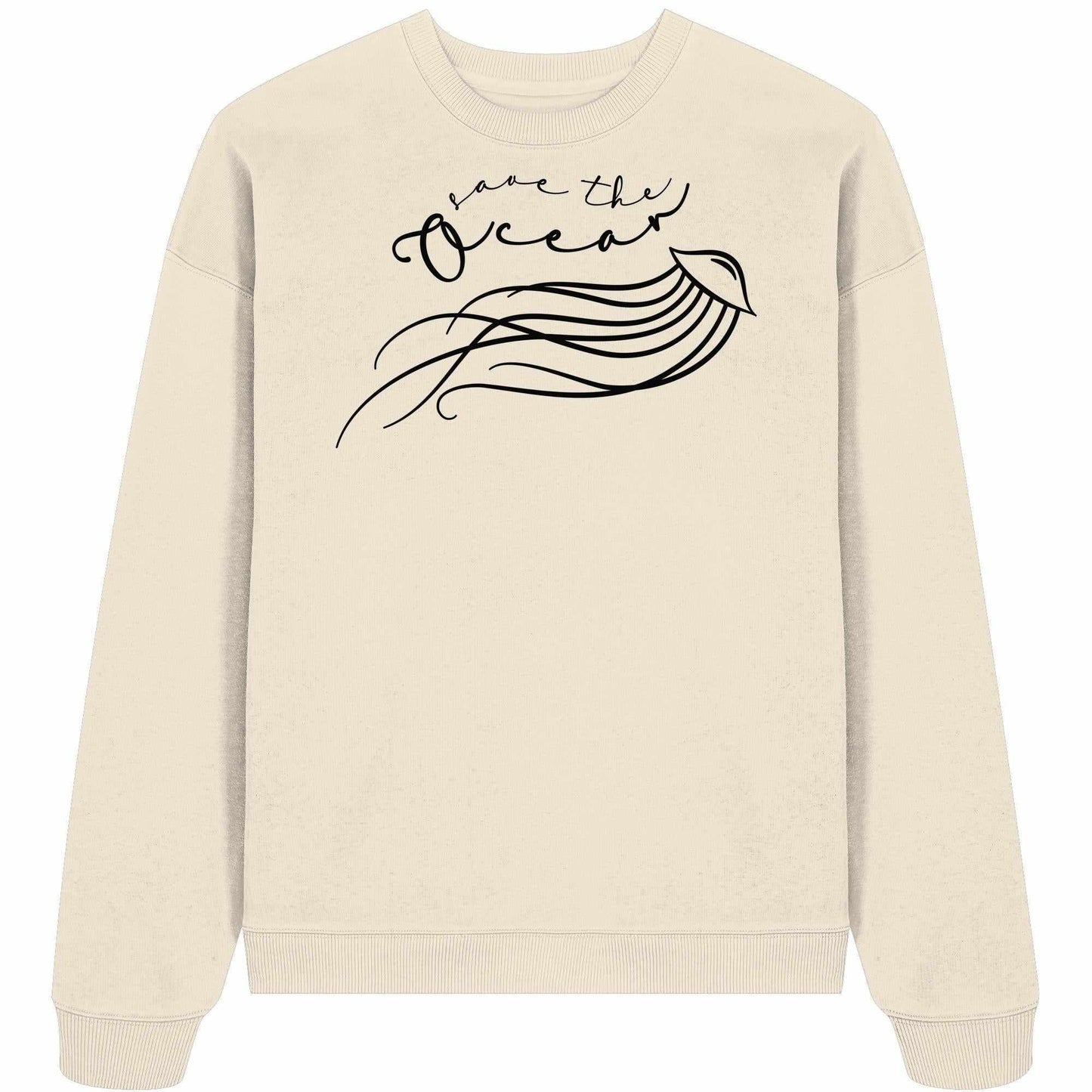 Vegan und Bio Oversized Sweatshirt mit Quallen-Design und Save the Ocean-Text, aus 100% Bio-Baumwolle, symbolisiert nachhaltigen Meeres- und Umweltschutz.