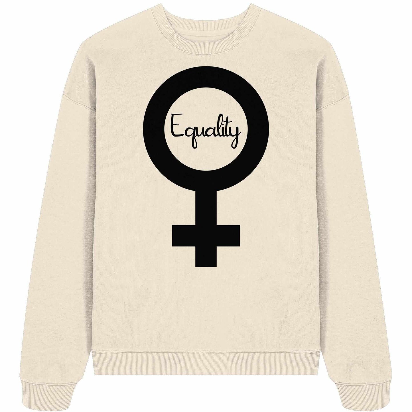 Vegan und Bio Oversized Sweatshirt mit schwarzem Symbol, betont feministische Botschaft. Hergestellt aus 100% Bio-Baumwolle, oversized Schnitt, betont Gleichberechtigung.