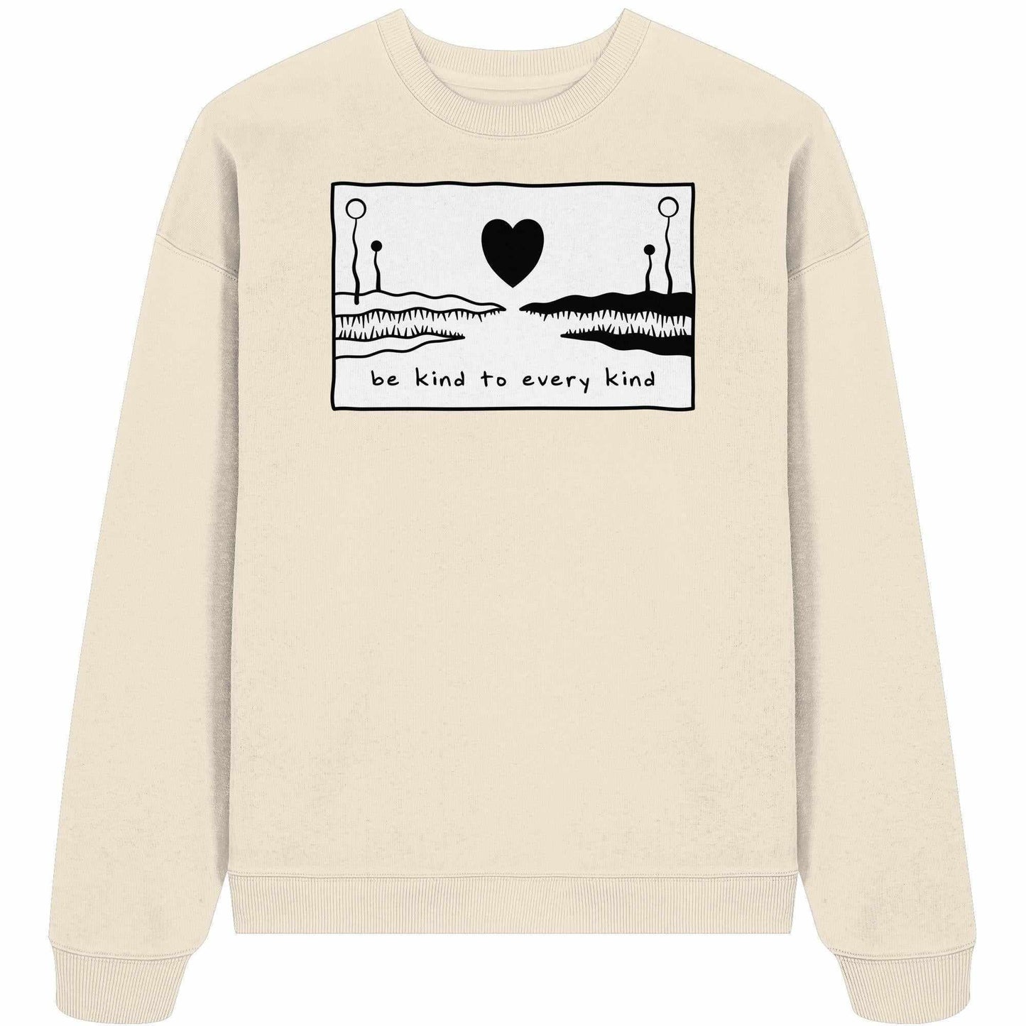 Vegan und Bio Oversized Sweatshirt mit schwarzem Herzdesign und Monsterzeichnung, aus 100% Bio-Baumwolle, thematisiert Mitgefühl und Vielfalt, von RUDE REBEL.