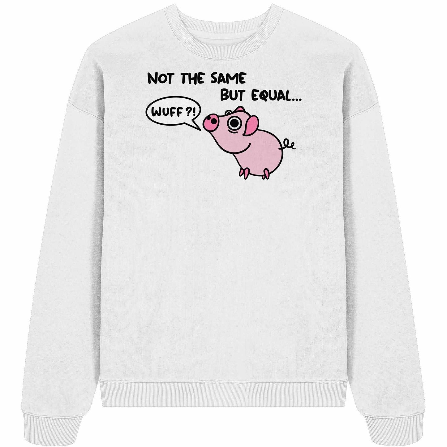 Vegan und Bio Oversized Sweatshirt mit Cartoon-Schwein und Sprechblase, 100% Bio-Baumwolle, rebellisches Design von RUDE REBEL, thematisiert Tierrechte und Nachhaltigkeit.